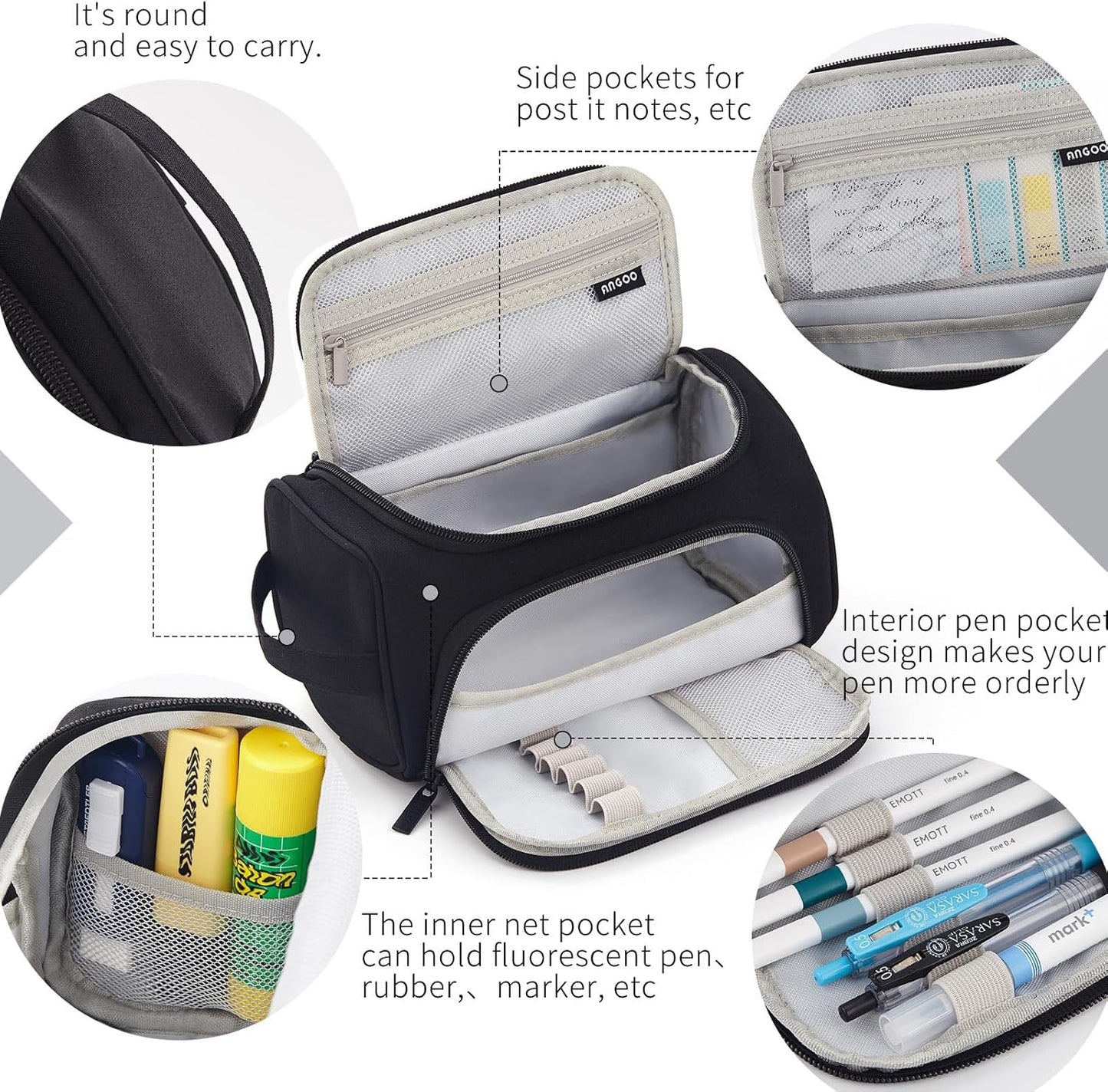 HVOMO Big Capacity Pencil Case High Large Storage Pouch Marker Pen Case Travel Simple Stationery Bag School College Office Organizer for Teens Girls Adults Student（Black）