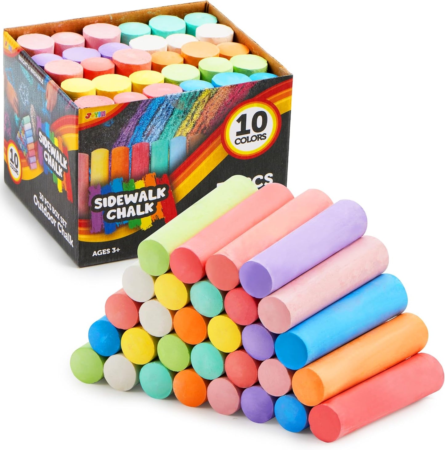 JOYIN 30 PCS Sidewalk Chalks for Kids, 10 Colors, Non-toxic Jumbo Washable Colored Chalk for Toddlers 1-3, School Supplies, Classroom Must Haves, Gift for Kids