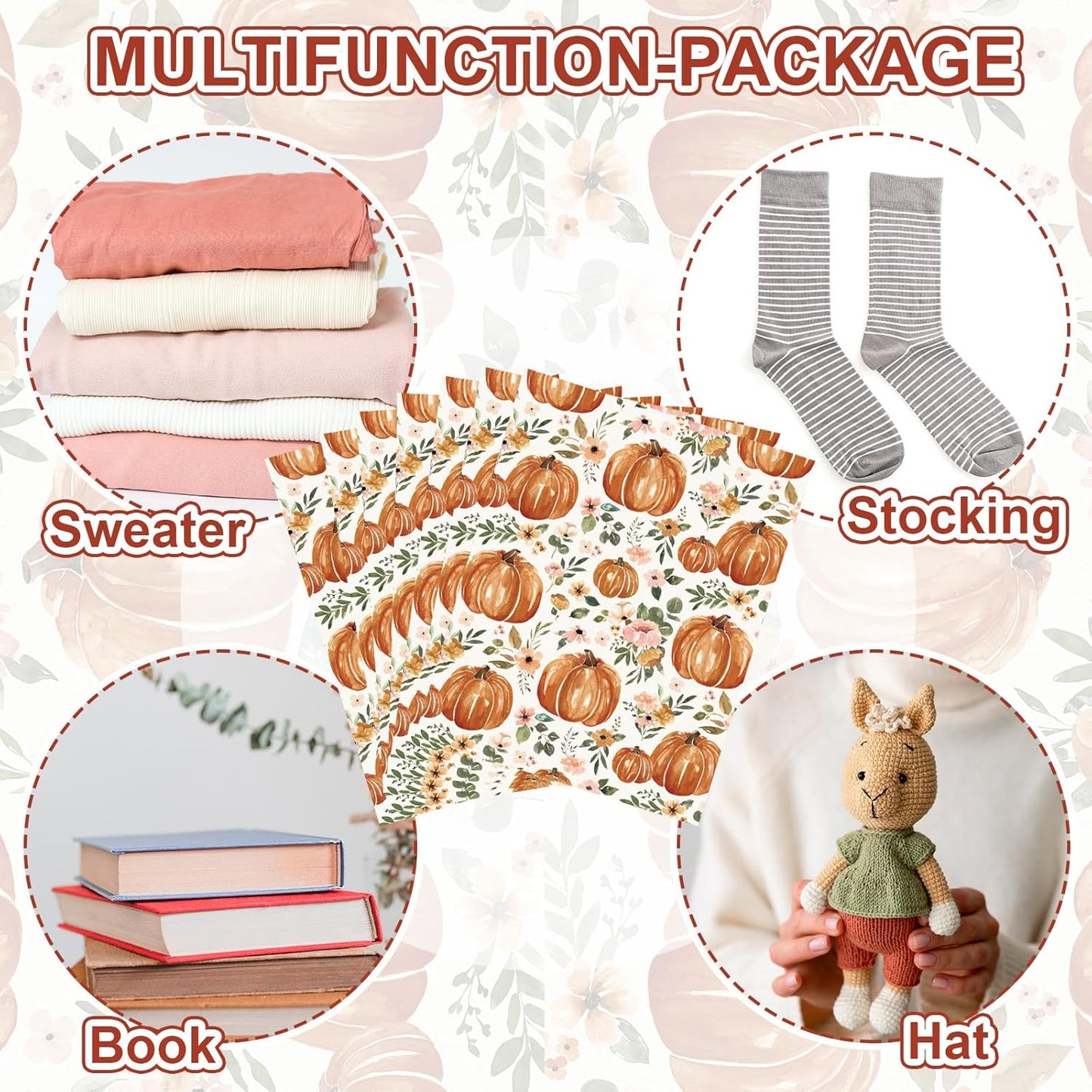 50Pcs Fall Poly Mailers 10 x 13 Inch Watercolor Floral Pumpkin Packaging Bags Autumn Self Seal Mailing Envelope Bags for Harvest Thanksgiving Small Business Clothing