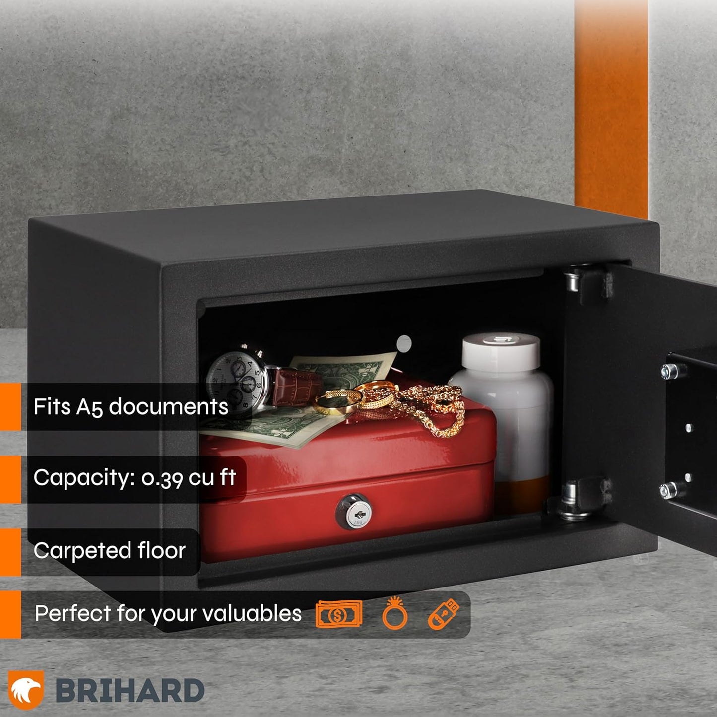 Home Key Lock Safe 7.87"H x 12.2"W x 7.87"D, Small Safety Box with Key 0.39 Cubic Feet, Jewelry & Money Safe with Key Lock Only, Mini Lockable for Home