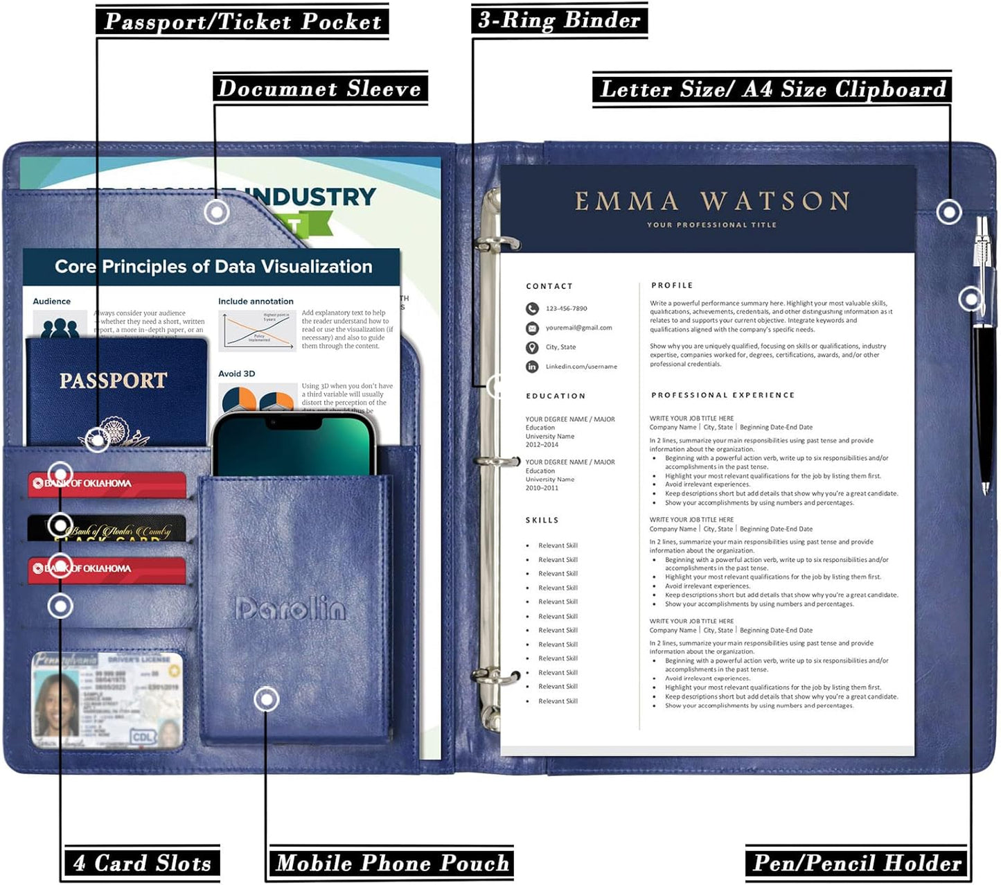 Darolin Business/Resume Portfolio Folder Binder, Padfolio with 3 Ring Binder, Interview/Conference/Legal Document Portfolio Organizer, Leather Portfolio Padfolio for Women/Men-BL