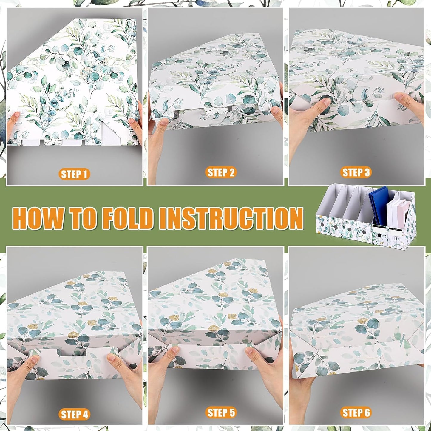 PerKoop 12 Pcs Magazine File Holder Foldable Decorative Cardboard File Folders 6 Patterns Floral Colored Magazine Rack with Printable Sticker Labels for School Office Home Desk (Eucalyptus Leaves)