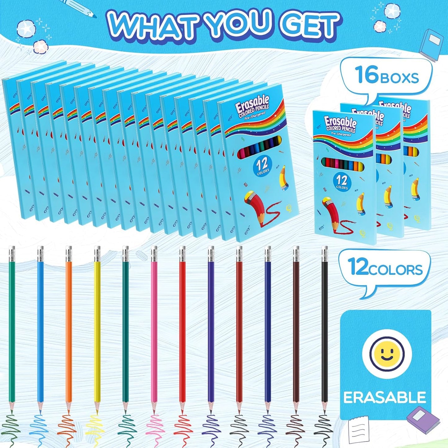 16 Sets 192 Pack Erasable Colored Pencils 12 Colors Pencils Smooth Colors with Erasers for Drawing Sketching Coloring Books Kids Adults Beginners Artists School Coloring Supplies