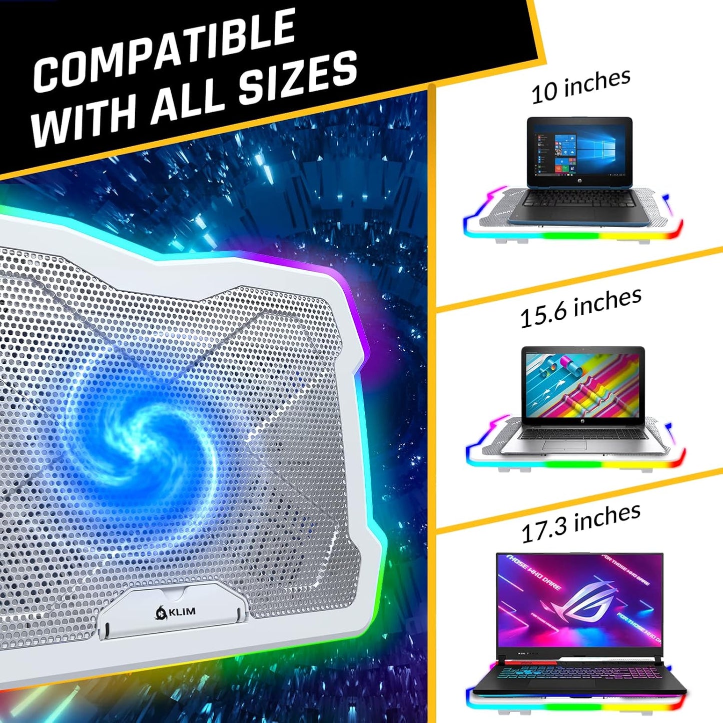 KLIM Ultimate + RGB Laptop Cooling Pad with LED Rim + New + Gaming Laptop Cooler + USB Powered Fan + Very Stable and Silent Laptop Stand + Compatible up to 17" + PC Mac PS5 PS4 Xbox One - White