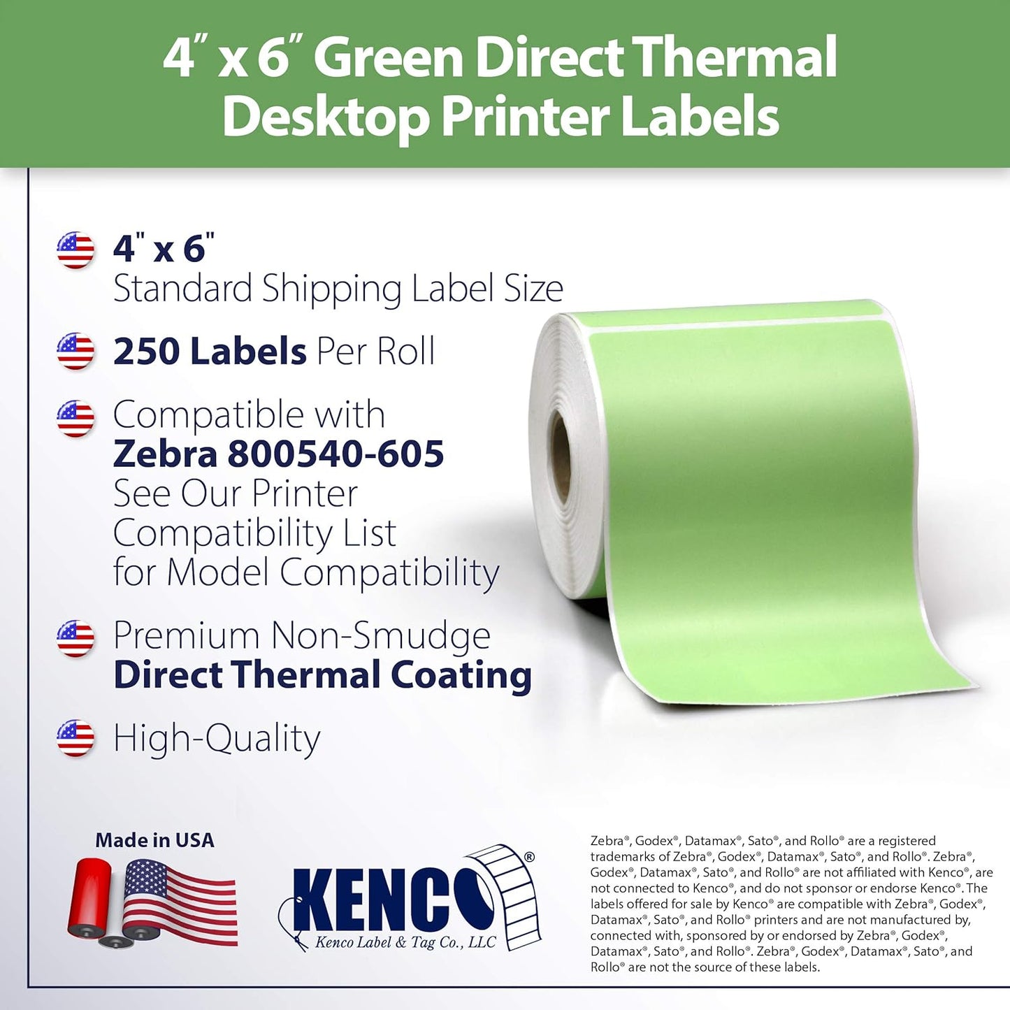 4" X 6" Direct Thermal Perforated Stickers Labels for Shipping Labels, Inventory, and Color Coding - Compatible with Zebra, Rollo, Godex and More (Green, 24 Rolls)