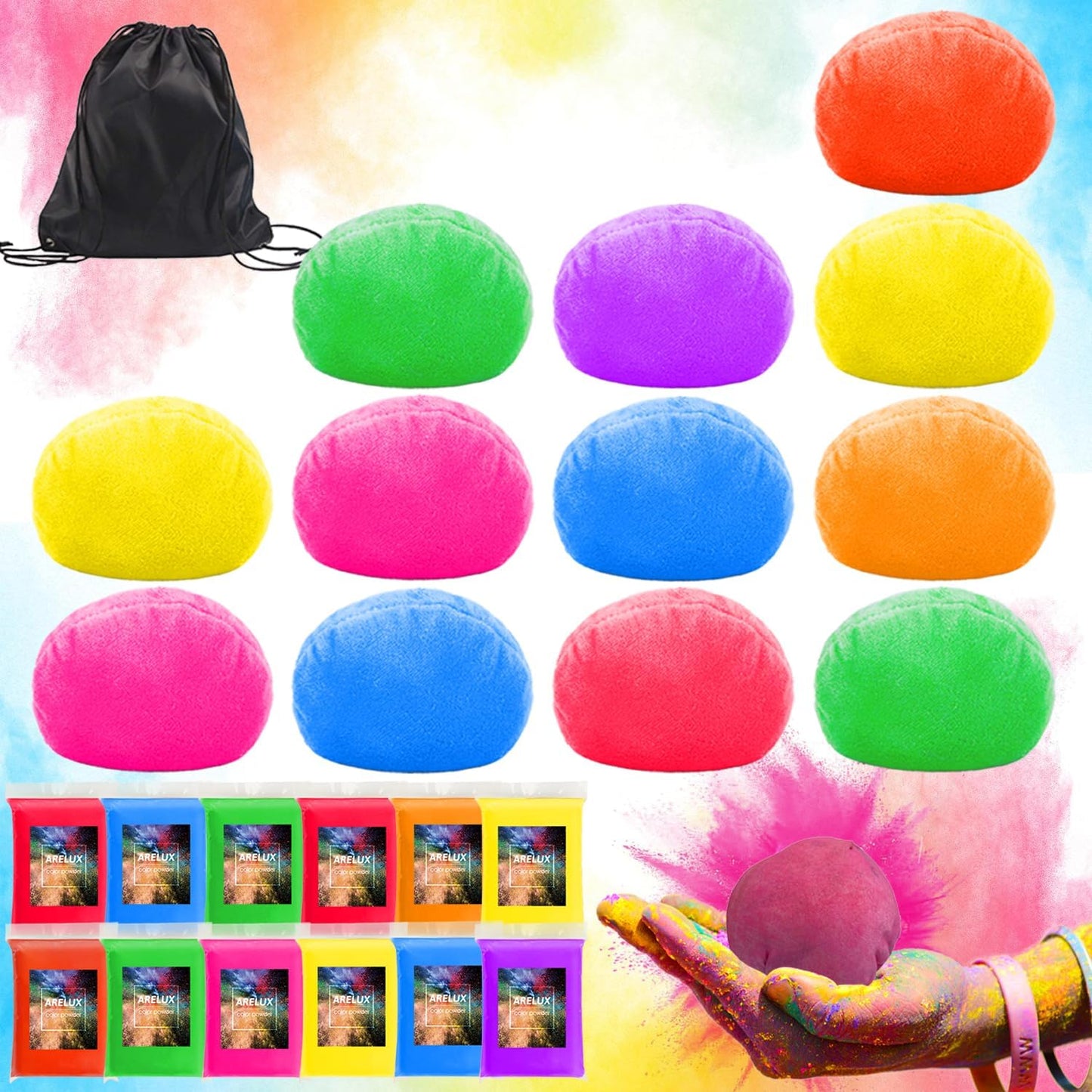 ARELUX Holi Powder Color Run Powder Balls 12 Pack 80g Each Natural, Throwing Balls of Washable Chalk Powder Paint for Color War, Rangoli, Fun Run, Party & Festival