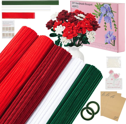 400 Pcs Red Pipe Cleaners for Crafts, 4 Colors Chenille Stems Bulk with Floral Wires, Gardening Tape,Hot Glue Stick，Greeting Card,Bouquet Paper, Pearl & Ribbon, Flowers Craft kit for Christmas