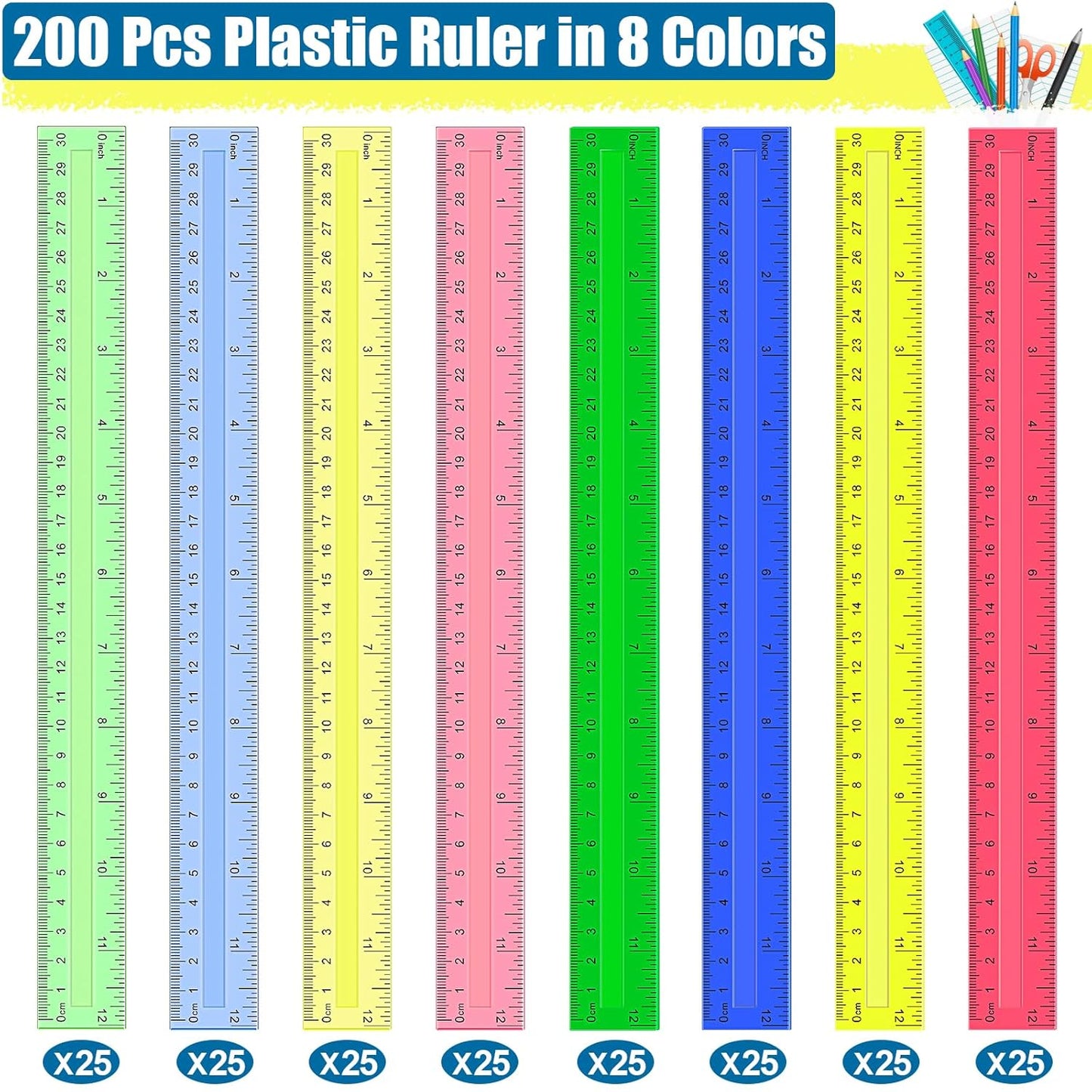200 Pcs Rulers Bulk, 12 Inch Plastic Assorted Color Clear Rulers with Inches Centimeters Millimeter. Measuring Drawing Tool for Kids, Ideal Back to School Classroom Office Home Supplies