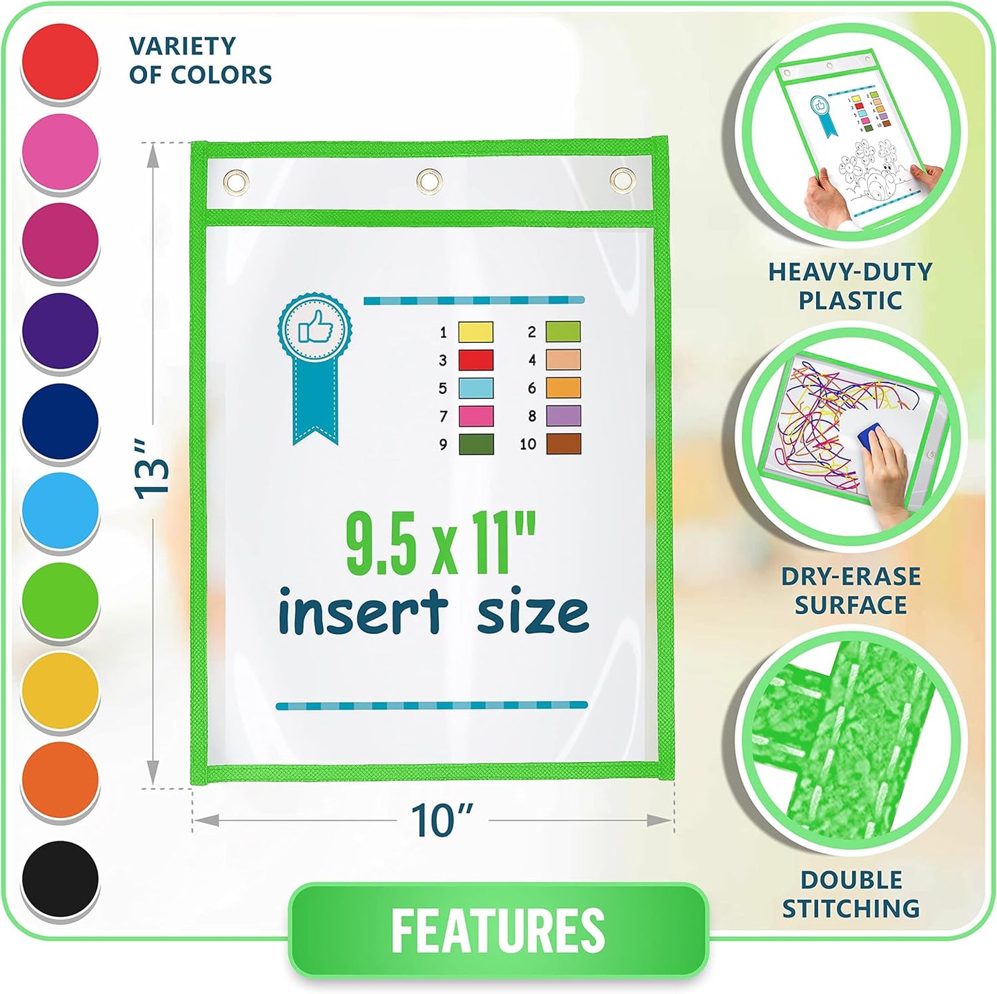 10 Pack 10x13 inch Dry Erase Pockets Reusable Sleeves - Dry-Erase Pocket Sleeves Dry-Erase Sleeve for Classroom - Dry Erase Sheet Protectors Dry Erase Pouches Write and Wipe Pockets Erasable Pocket