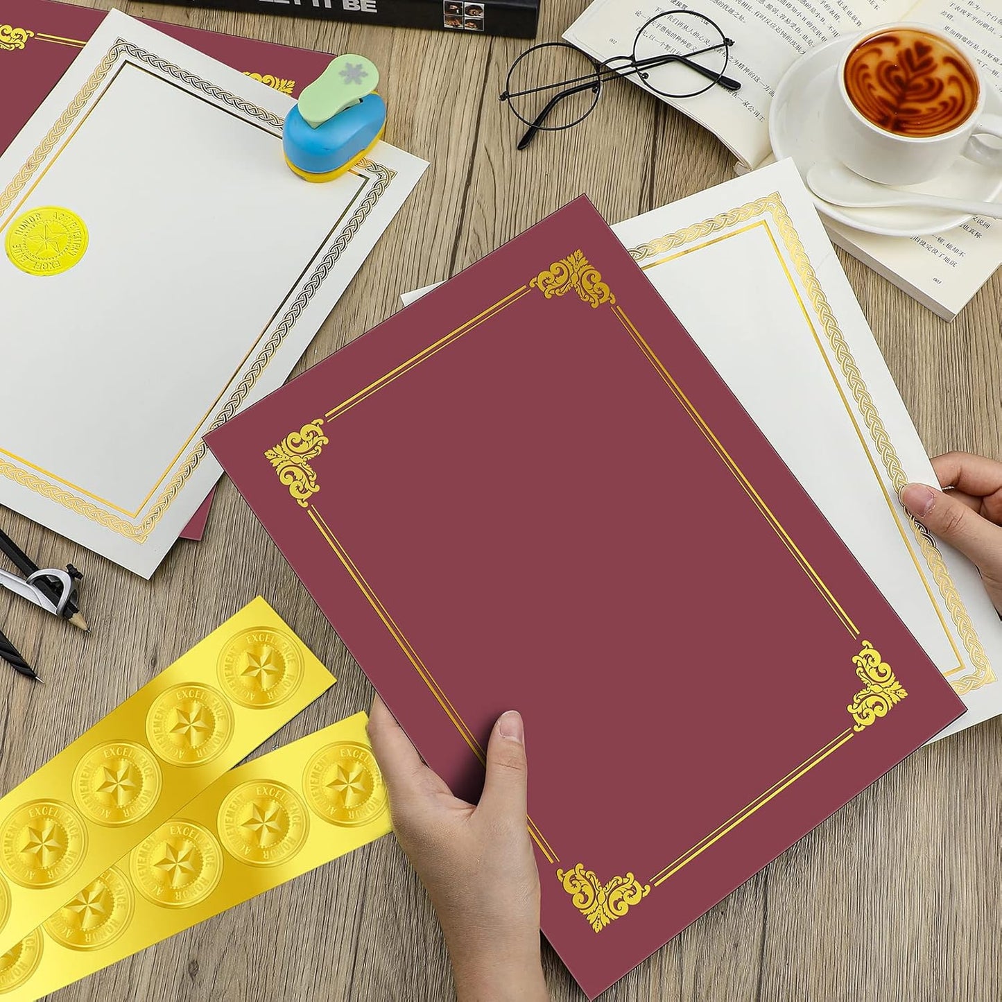 150 Pcs Certificate Kit Include 50 Certificate Holders 50 Paper and 50 Embossed Seal Stickers Diploma Covers for Graduation, Competition Supplies(Dark Red)