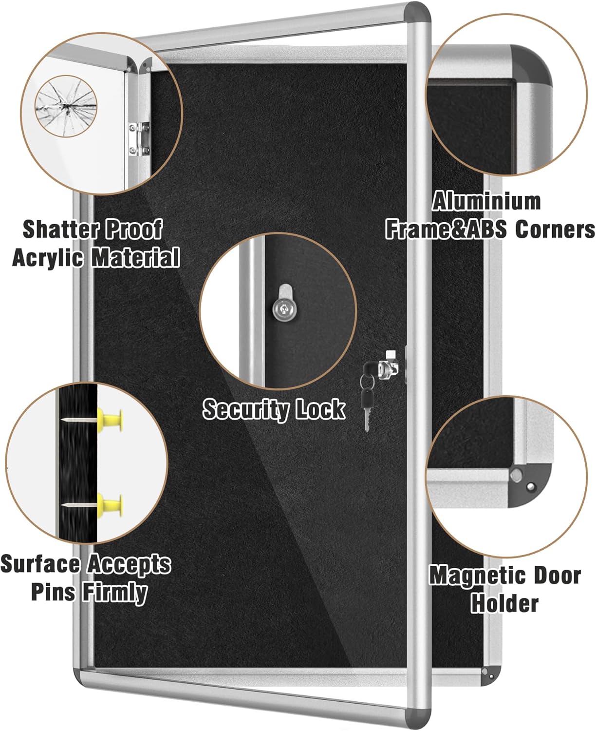 36"x24" Enclosed Bulletin Board, Lockable Weather-Resistant Aluminum Cork Noticeboard for School & Office, Silver Frame w/Black Flet