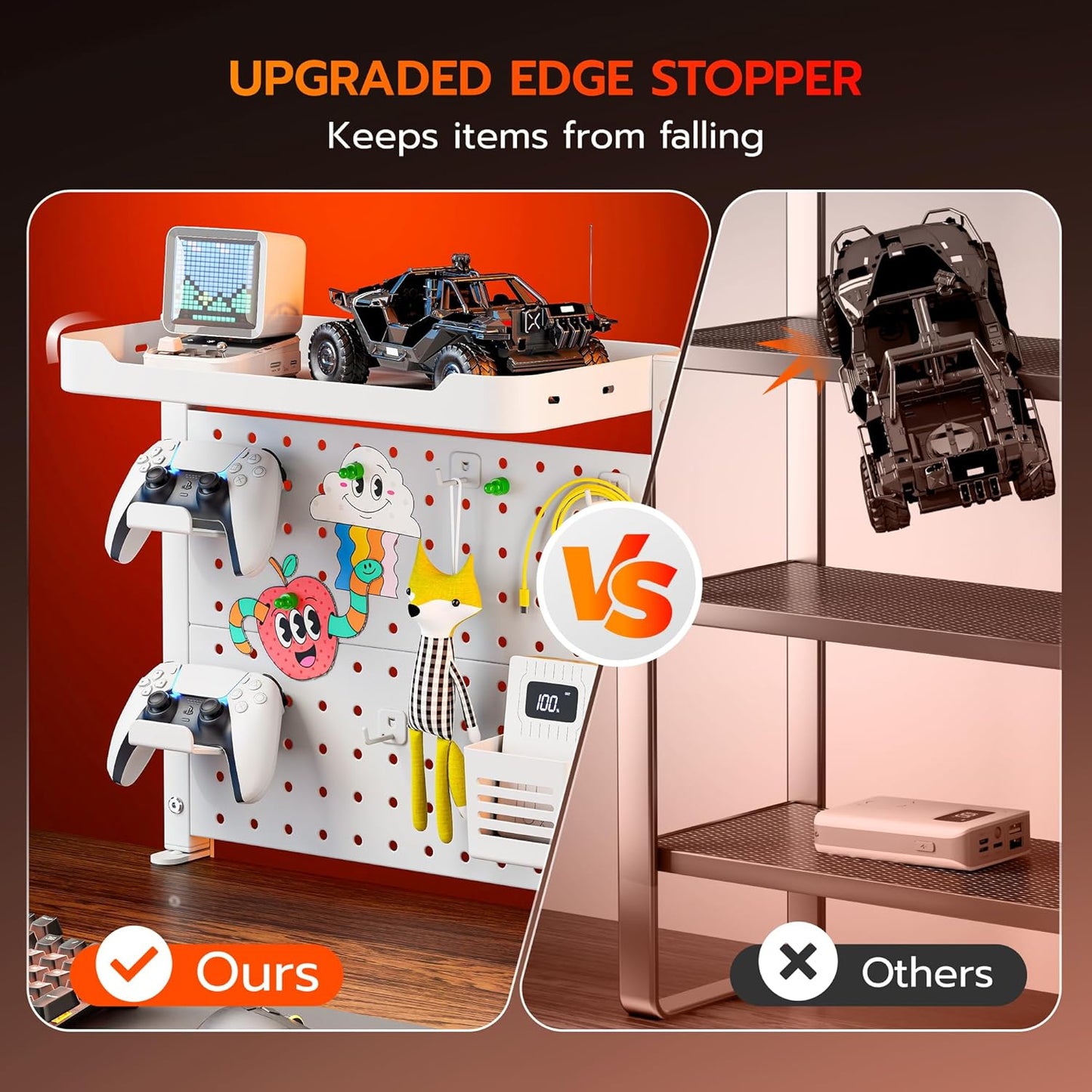 ARES WING Clamp On Desk Pegboard with 16 inches Organizer Shelf, Adjustable Above or Under Desk Storage Shelf Holds 44 lbs, Magnetic Metal Peg Board for Office and Gaming Accessories, White