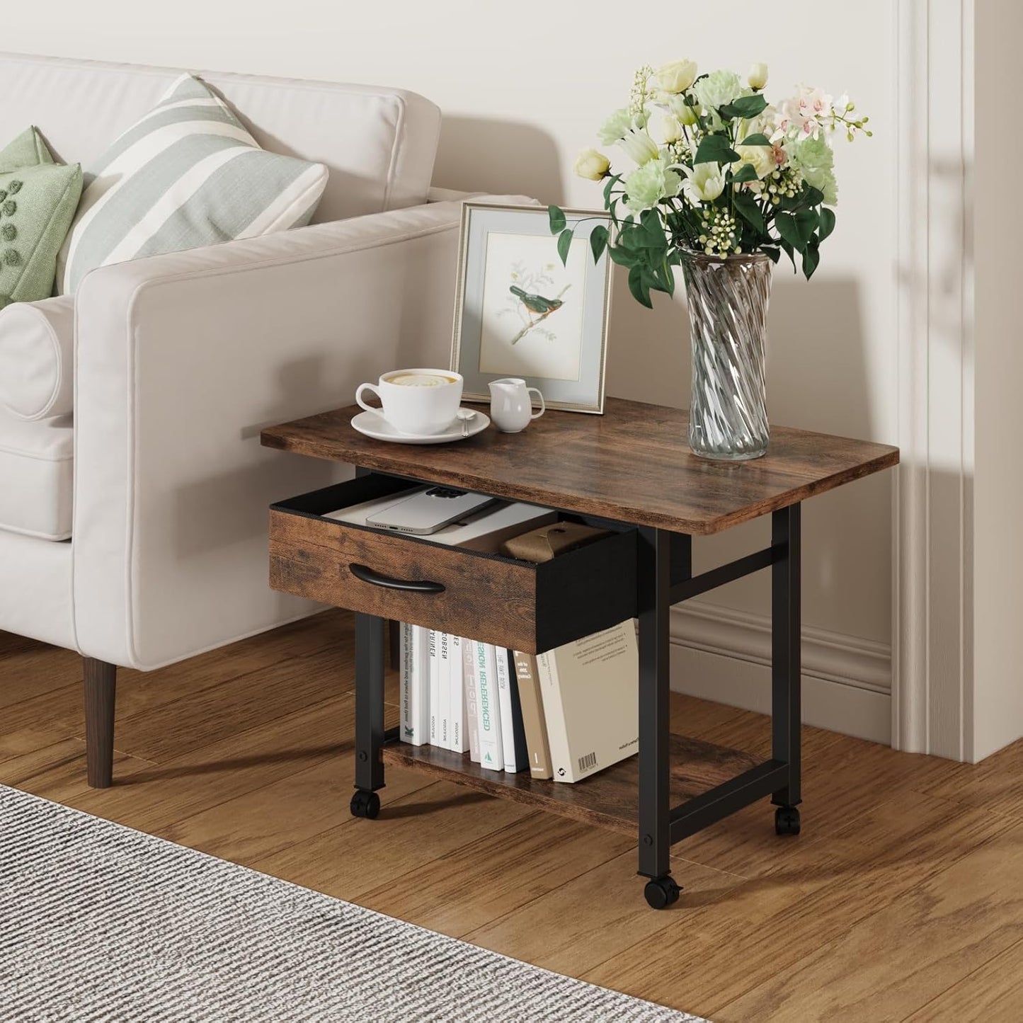 22"x15" Large Printer Stand with Storage Drawer, 2-Tier Under Desk Printer Table for Home Office, Printer Cart fit Fax Machine/3D Printer/Scanner(Brown)