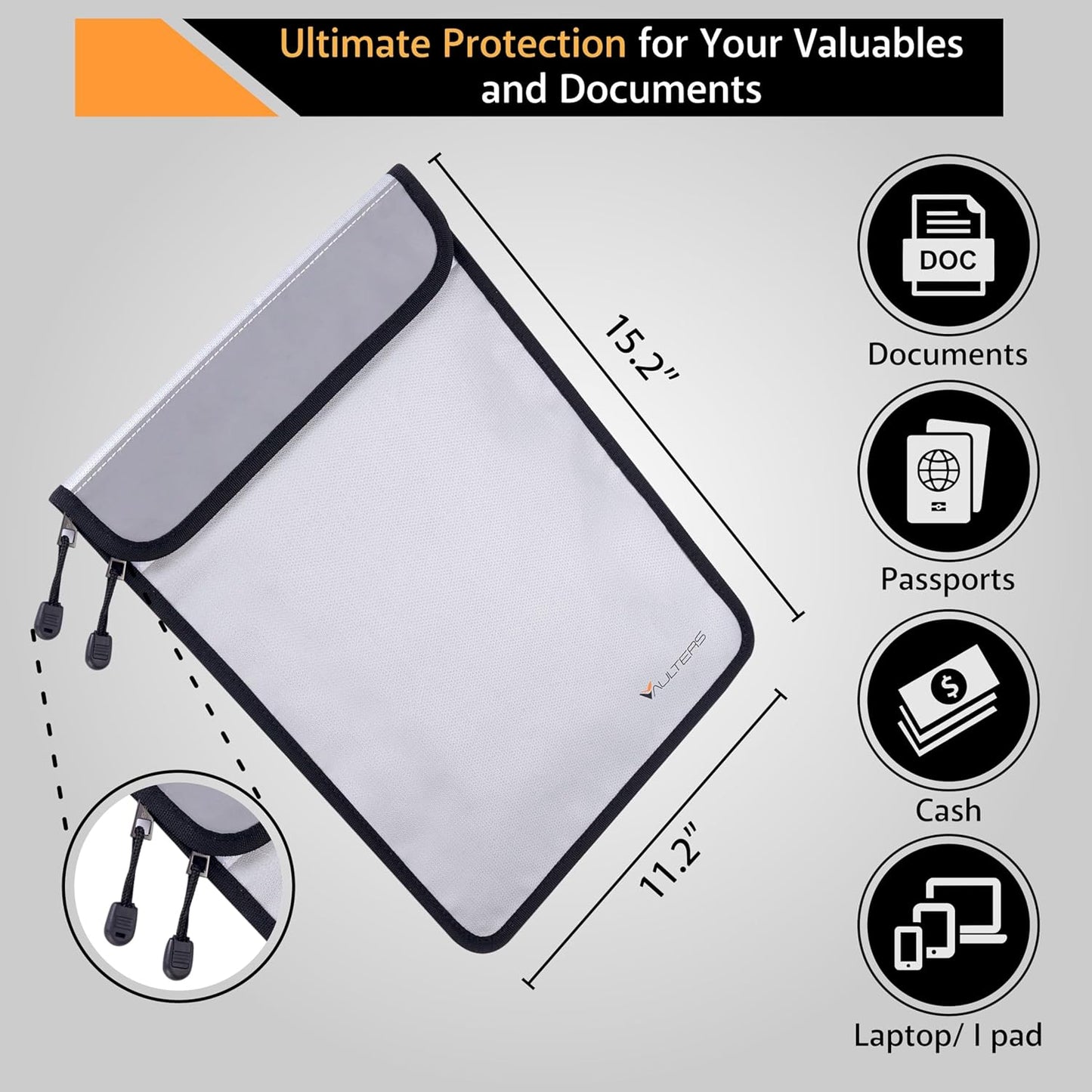 2000°F Upgraded Fireproof Document Bag - 15"x11" Fireproof & Waterproof Document Bag with Dual Pockets & Zipper, Silicone-Coated Fire Safe Bag for Cash, Documents, Passport, Valuables & Legal Files