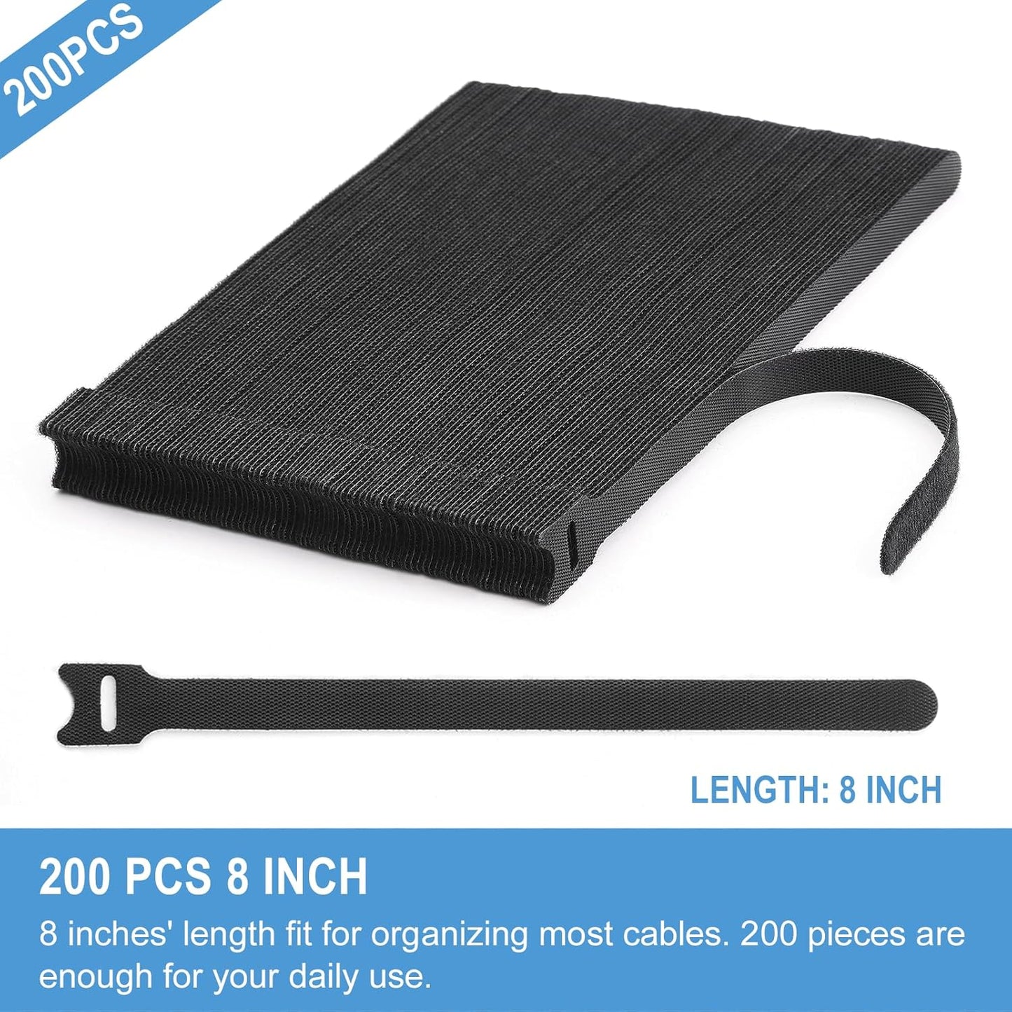 200 PCS 8 Inches Reusable Cable Ties | Adjustable Cord Wraps, Cable Straps | Hook & Loop Cord Organizer, Cable Management