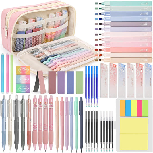 61 PCS Aesthetic School Supplies with Cute Pencil Case, Pastel Highlighters, Gel & Erasable Pens, Mechanical Pencils, Refills, Complete Essentials Stationery Kit for Students (Pink)