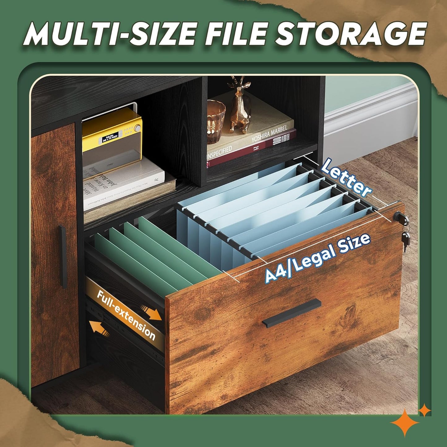 DEVAISE Lateral File Cabinet with Lock, 1-Drawer Rolling File Cabinets on Wheels for Home Office, Wood Printer Stand with Open Storage Shelf, Rustic Brown