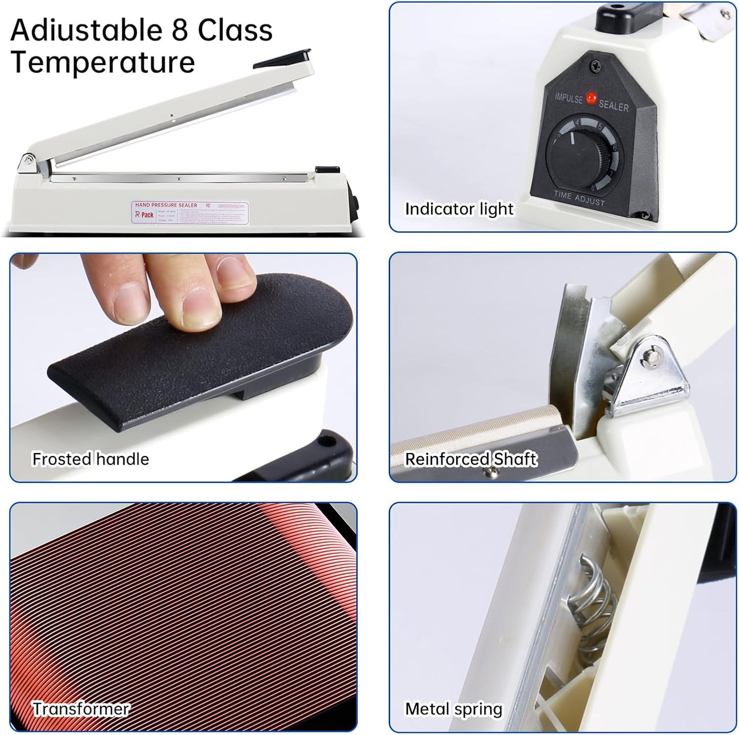 Impulse Heat Sealer with Seal bar, Heavy-Duty Bag Sealing & Cutting Machine, 2 Extra Replacements (white, 8inch)