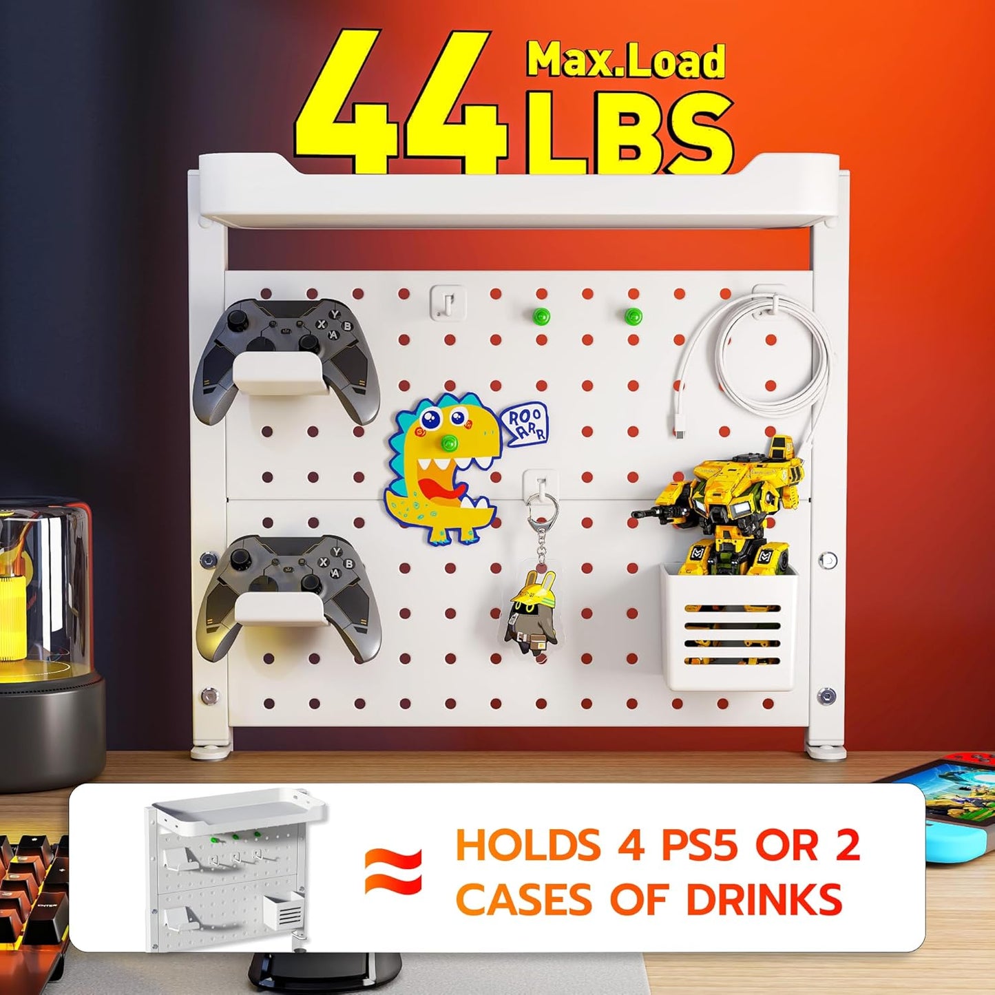 ARES WING Clamp On Desk Pegboard with 16 inches Organizer Shelf, Adjustable Above or Under Desk Storage Shelf Holds 44 lbs, Magnetic Metal Peg Board for Office and Gaming Accessories, White