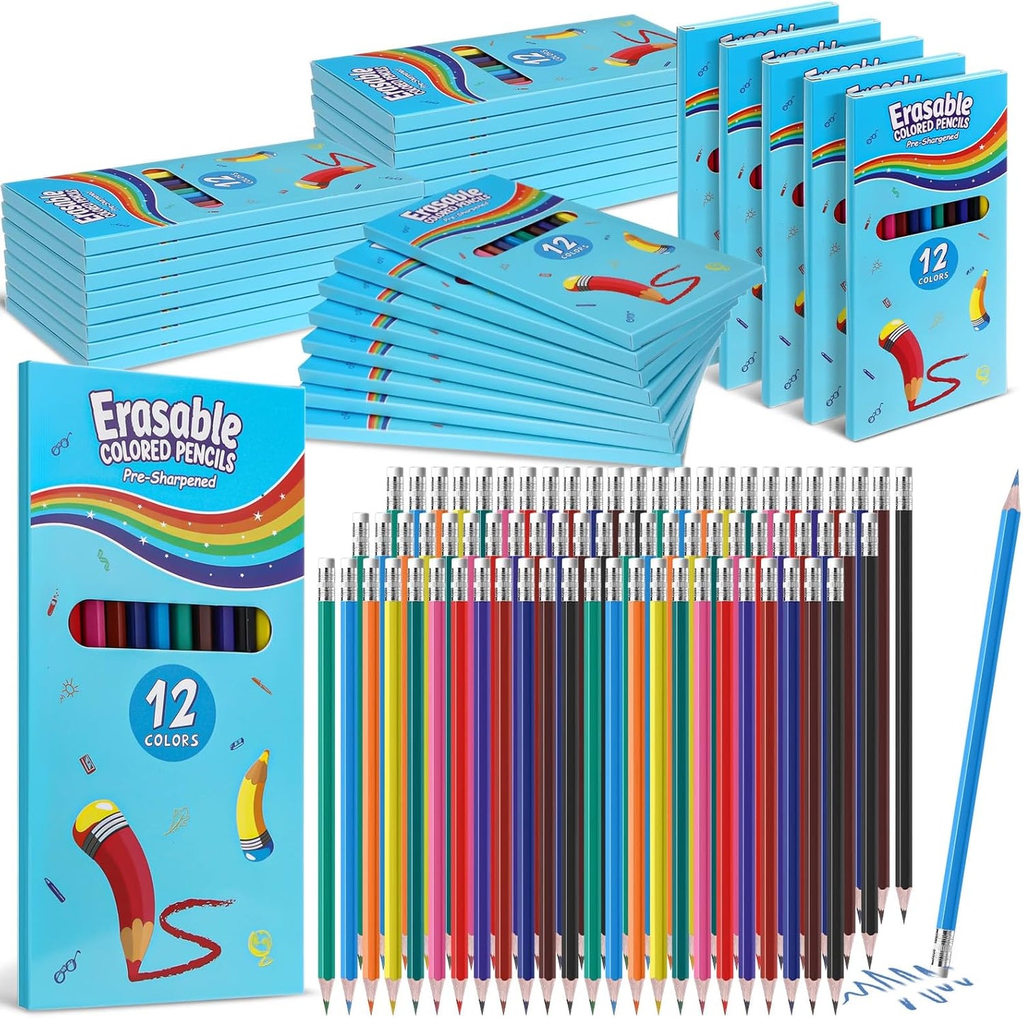 16 Sets 192 Pack Erasable Colored Pencils 12 Colors Pencils Smooth Colors with Erasers for Drawing Sketching Coloring Books Kids Adults Beginners Artists School Coloring Supplies