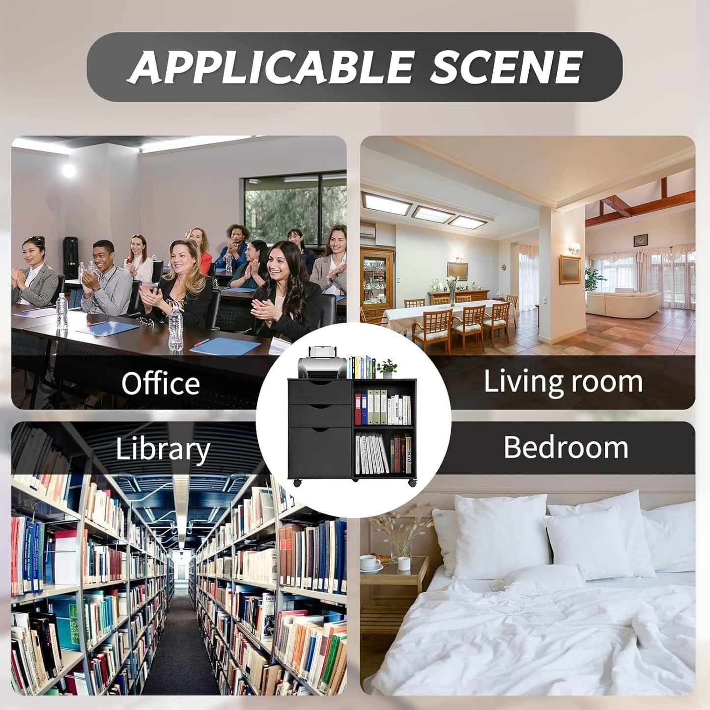 QDSSDECO 3-Drawer with Shelf Wood File Cabinet Mobile Lateral Filing Cabinet, with Rolling Wheel Printer Stand and Open Adjustable Storage Shelves, for Home Office, Black