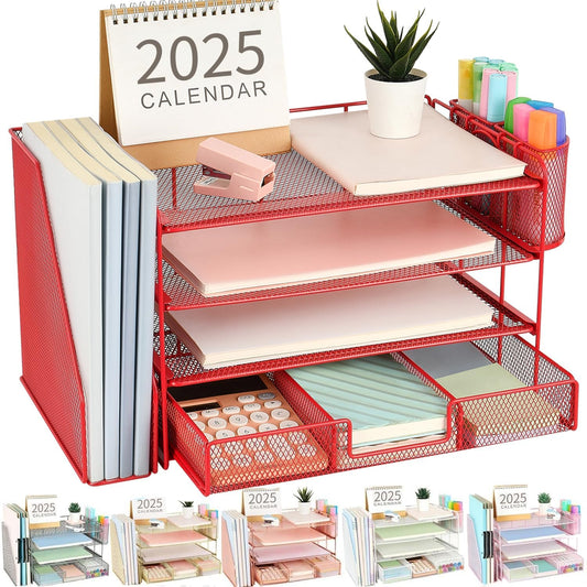 gianotter Paper Letter Tray Organizer with File Holder, 4-Tier Desk Accessories & Workspace Organizers with Drawer and 2 Pen Holder, Desk Organizers and Accessories for Office Supplies (Red)