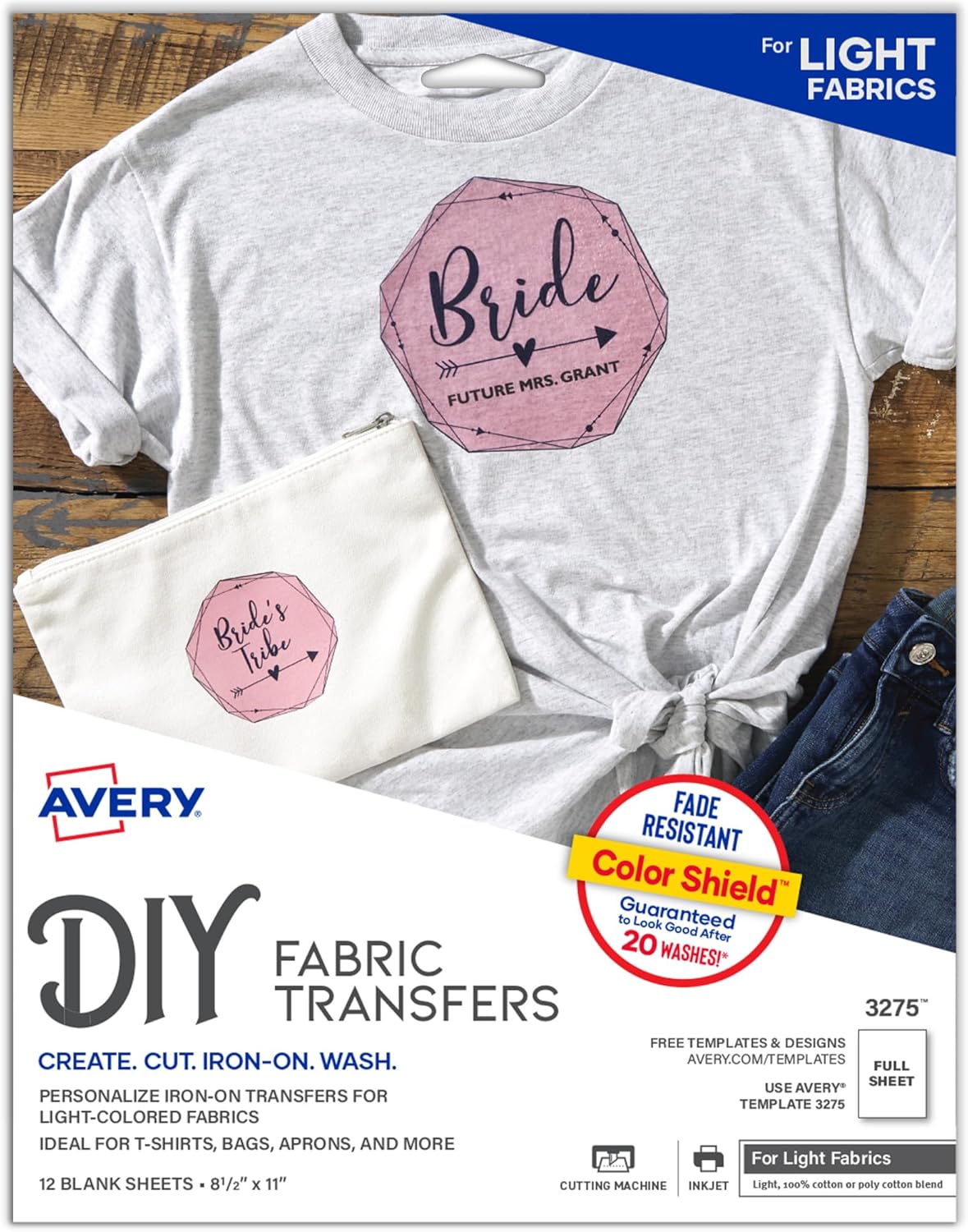 Avery Printable Heat Transfer Paper for Light Fabrics, 8.5" x 11", Inkjet Printer, 12 Iron On Transfers (3275)