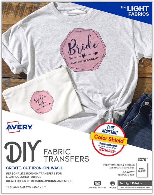 Avery Printable Heat Transfer Paper for Light Fabrics, 8.5" x 11", Inkjet Printer, 12 Iron On Transfers (3275)