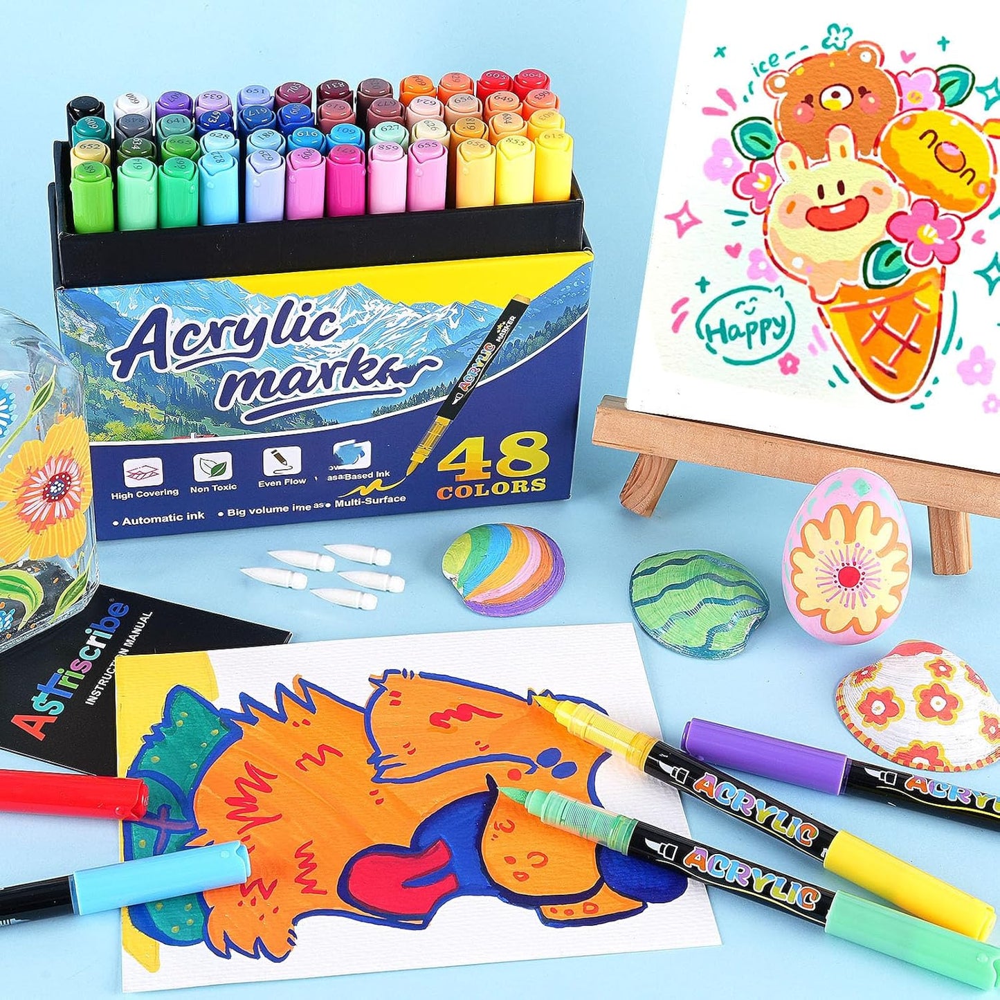 48 Colors Acrylic Paint Pens Markers, No-Bleed Brush Tip Acrylic Markers with Automatic Ink Control System, for Stone, Wood, Canvas, Ceramic, Glass, Metal, Rock Painting, DIY Crafts Art Supplies Kit