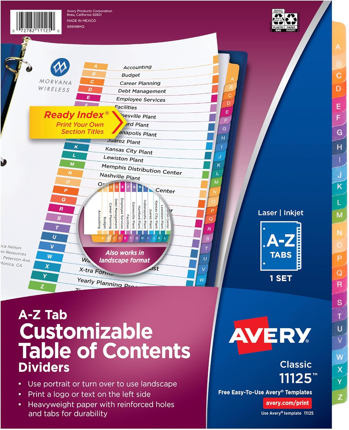 Avery A-Z Tab Dividers for 3 Ring Binder, Customizable Table of Contents, Multicolor, 1 Set (11125)