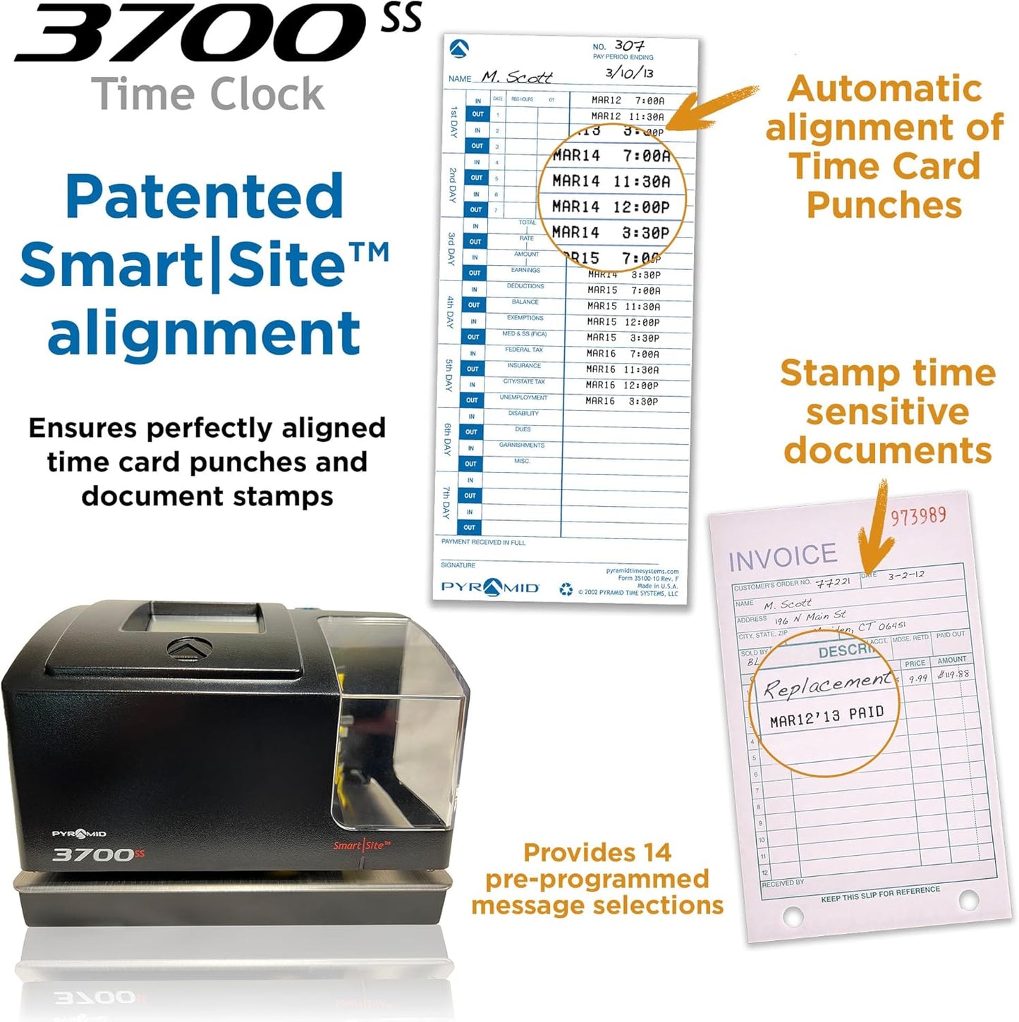Pyramid Time Systems, 3700ss, Heavy Duty Time Clock & Document Stamp, Metal Base & Polycarbonate Cover, Includes Time Clock, 25 Time Cards, 1 Ribbon and 2 Security Keys, Time Clocks-3700 Replacement