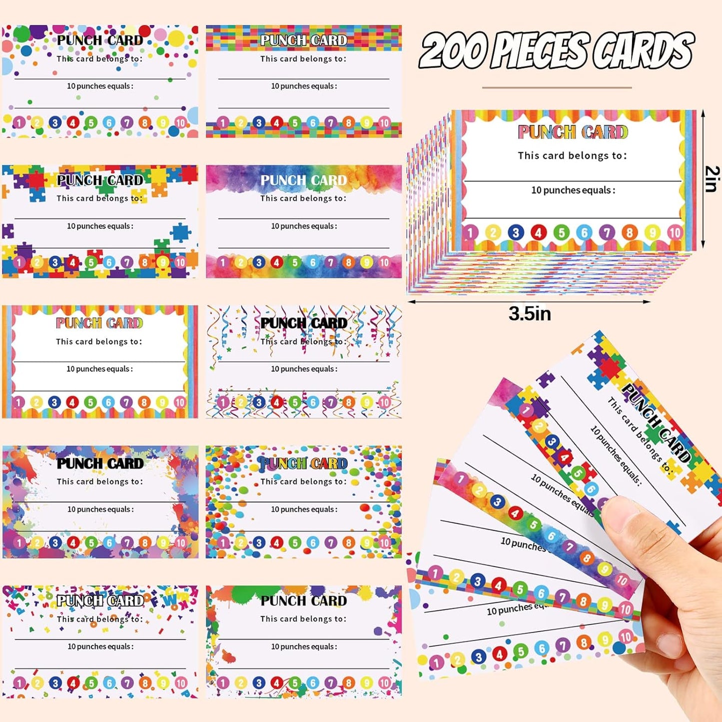 200 Pcs Behavior Punch Cards with Hole Puncher for Kids Incentive Reward Chart Loyalty Card for Classroom Student Teacher Business Kid Award Behavior 3.5 x 2 Inch, 10 Styles(Simple Style)