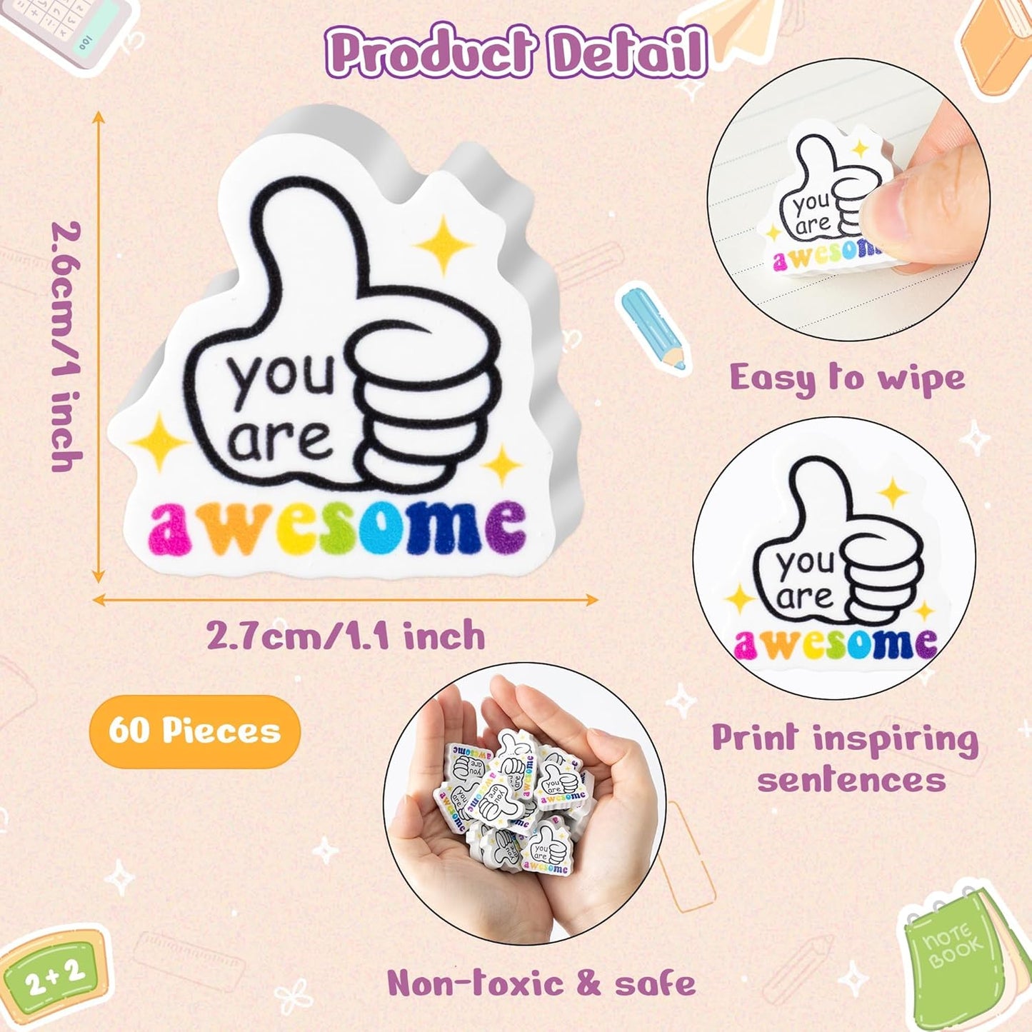 ANGOLIO 60Pcs Back to School Eraser You are Awesome Mini Inspirational Erasers Classroom Stationery for First Day of School Party Favors Student Prize Homework Rewards Gift Filling