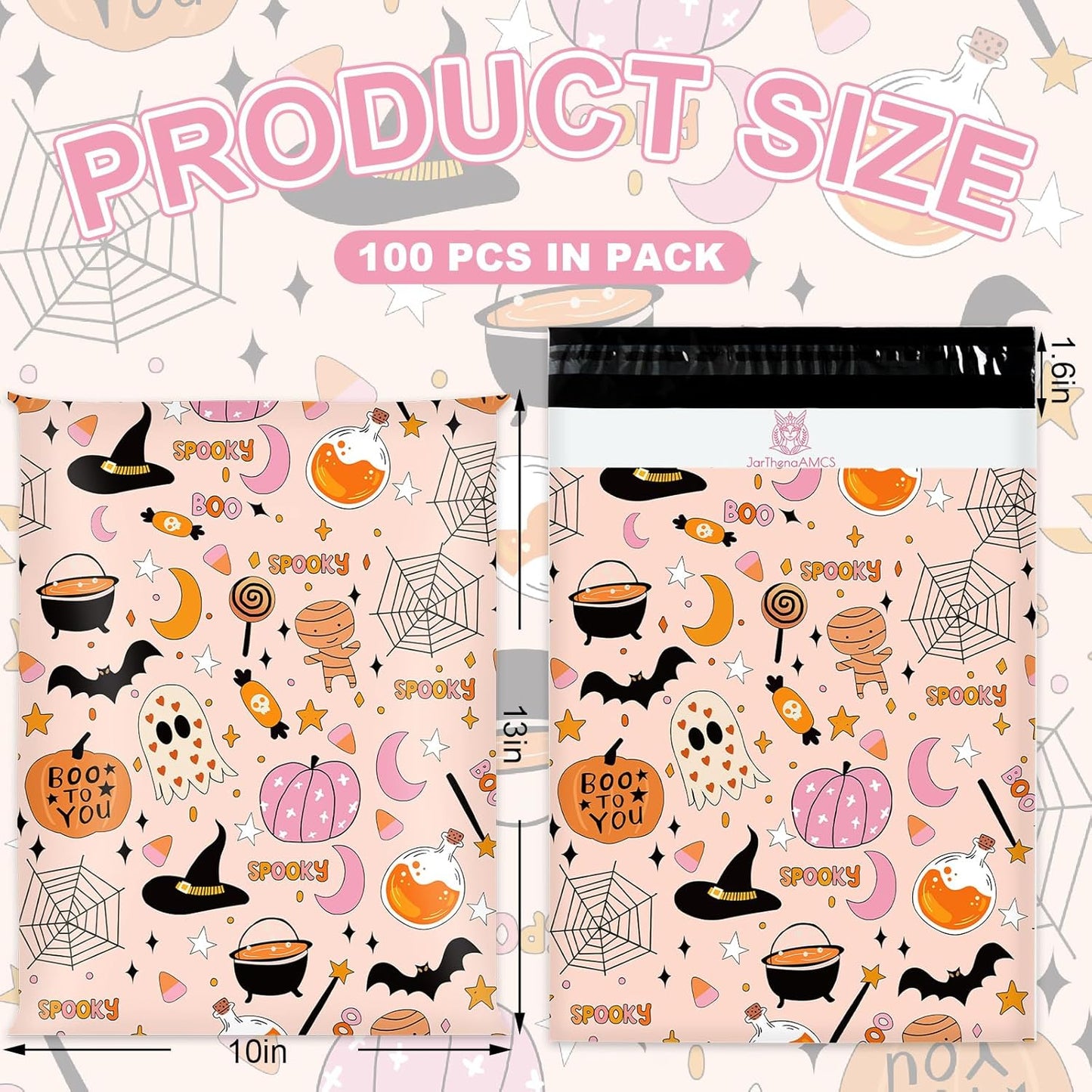 100Pcs Halloween Poly Mailers 10 x 13 Inch Pink Cartoon Spooky Pumpkin Spiderweb Packaging Bags Self Seal Mailing Envelope Bags for Small Business Clothing