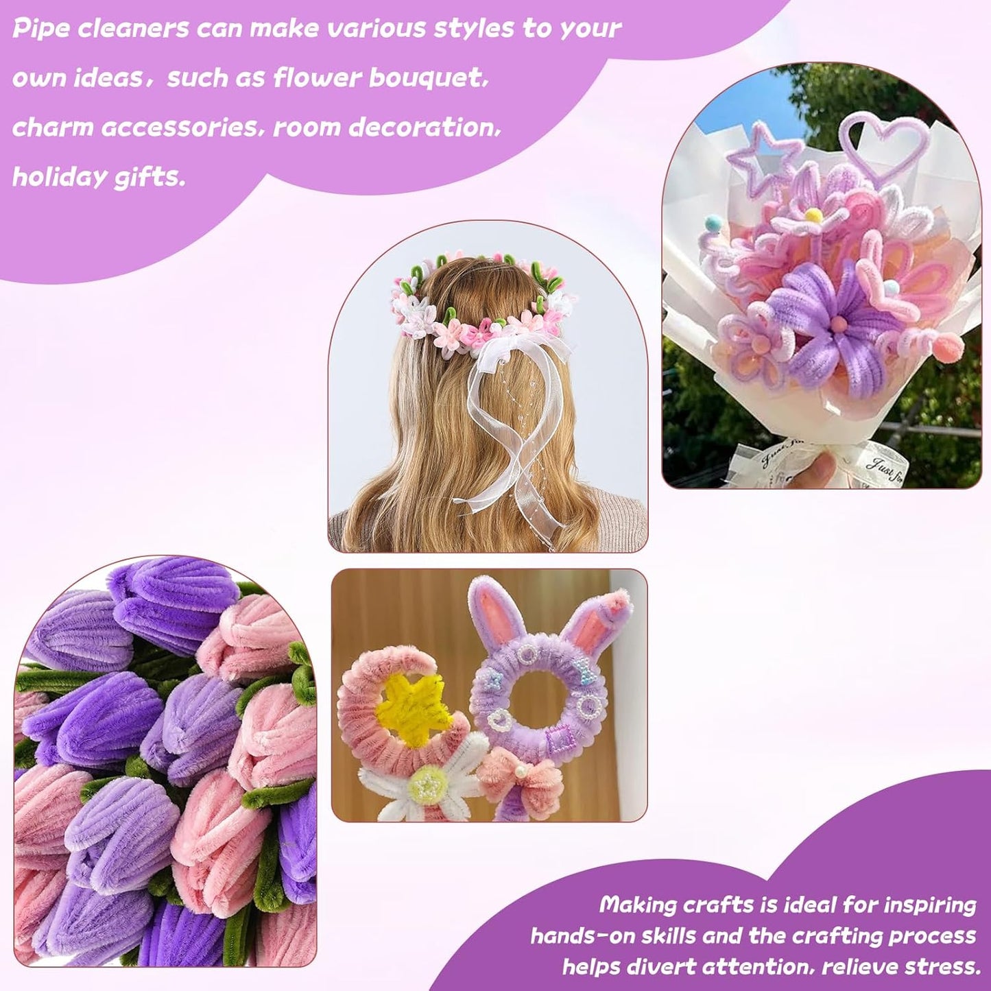 400 Pcs Chenille Stems Flowers Craft Kit,4 Colors Pipe Cleaners Bulk for DIY Floral Arrangements with Floral Wires, Gardening Tape,Hot Glue Stick,Greeting Card,Bouquet Paper, Stamen & Ribbon