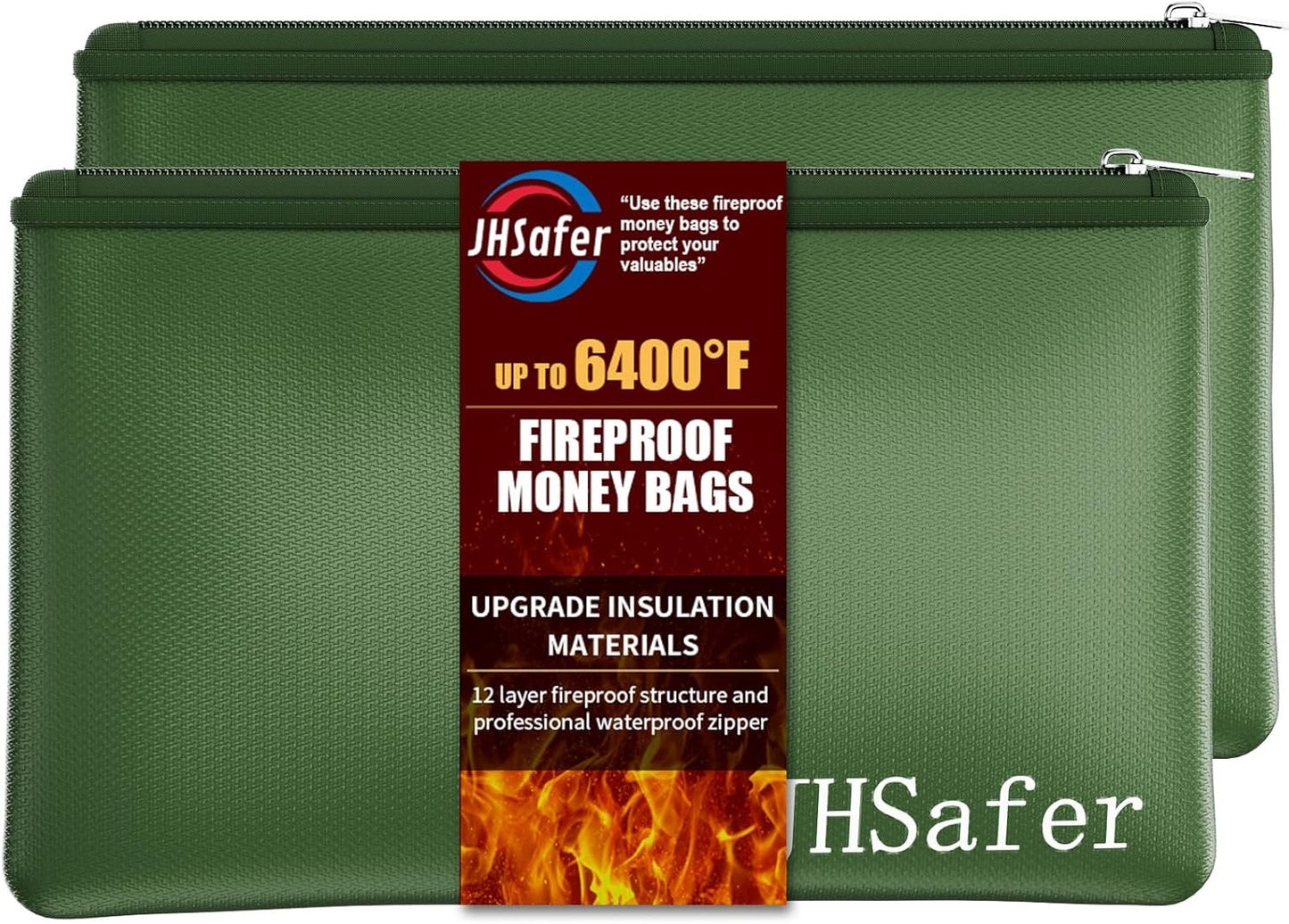 6400℉ Fireproof and Waterproof Money Bags 2pcs with Zipper,11''x6.3'' Fireproof Cash Bag with Zipper,Fireproof Wallet Envelope Safe Pouch Fireproof Bags for Cash Passports Keys Jewellery (Green)