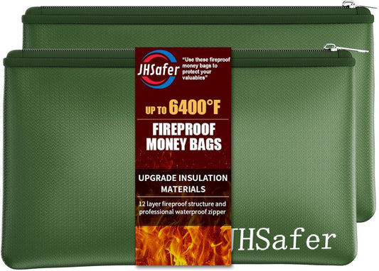 6400℉ Fireproof and Waterproof Money Bags 2pcs with Zipper,11''x6.3'' Fireproof Cash Bag with Zipper,Fireproof Wallet Envelope Safe Pouch Fireproof Bags for Cash Passports Keys Jewellery (Green)