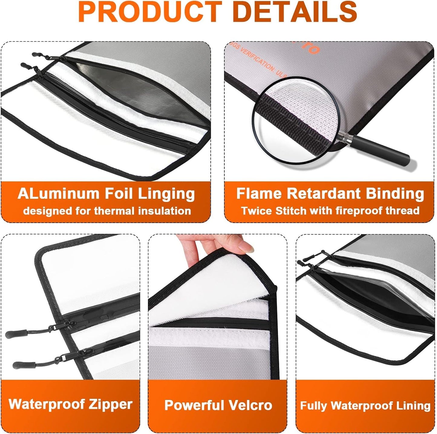 4200℉ Fireproof Document Bag, Important Waterproof Document Holder with Thermal Insulation Layer, Legal Size Fireproof Envelope with Zipper/Reflective Strip