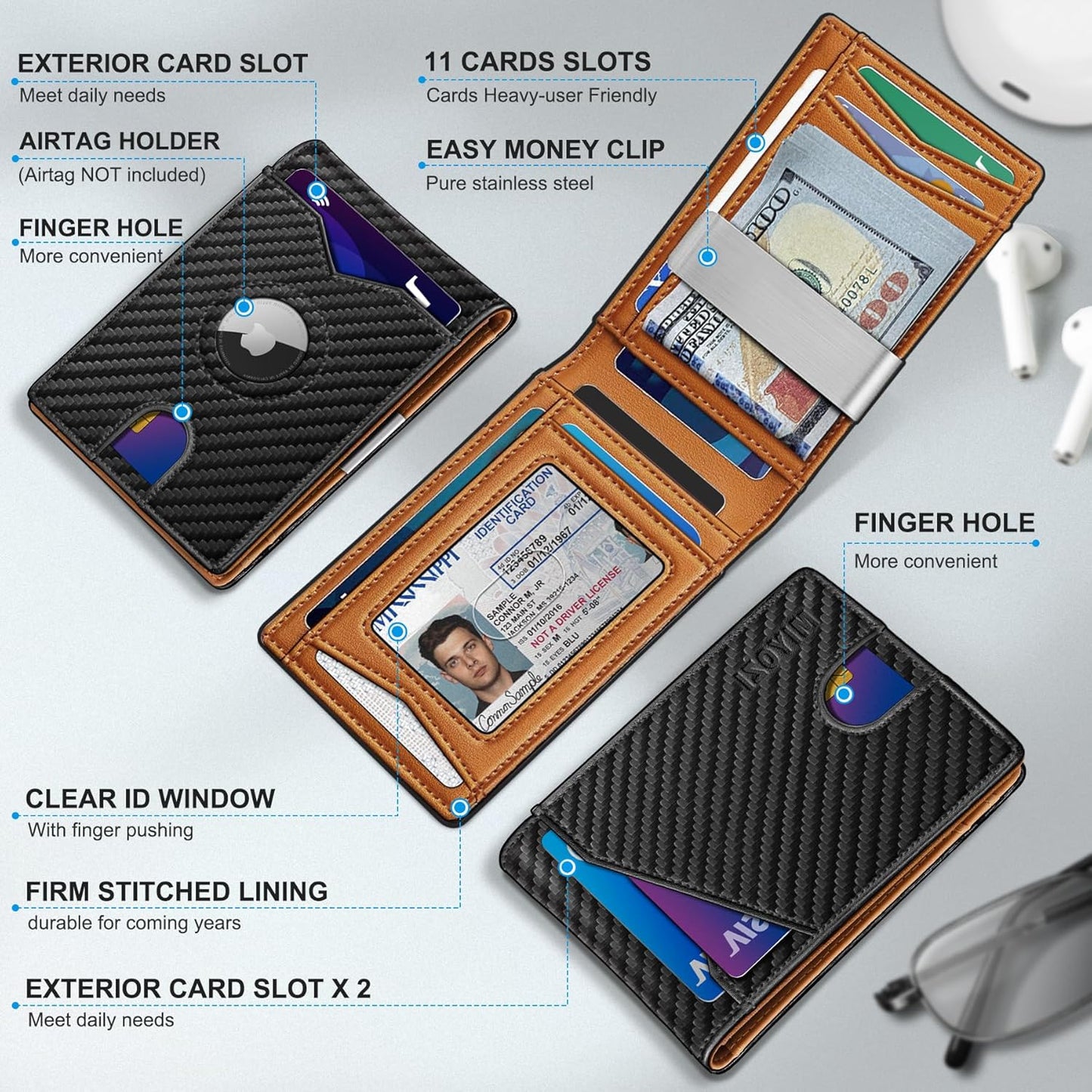 Airtag Wallet for Men,with Money Clip 11 Cards Slim Front Pocket Leather RFID Blocking Wallet with Gift Box