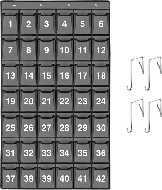 42 Pockets Numbered Classroom Pocket Chart for Cell Phones, Hanging Pocket Chart Storage for Classroom Phone Calculator Holder with 4 Hooks and 42 Clear Numbers Printing (Grey-42pockets)