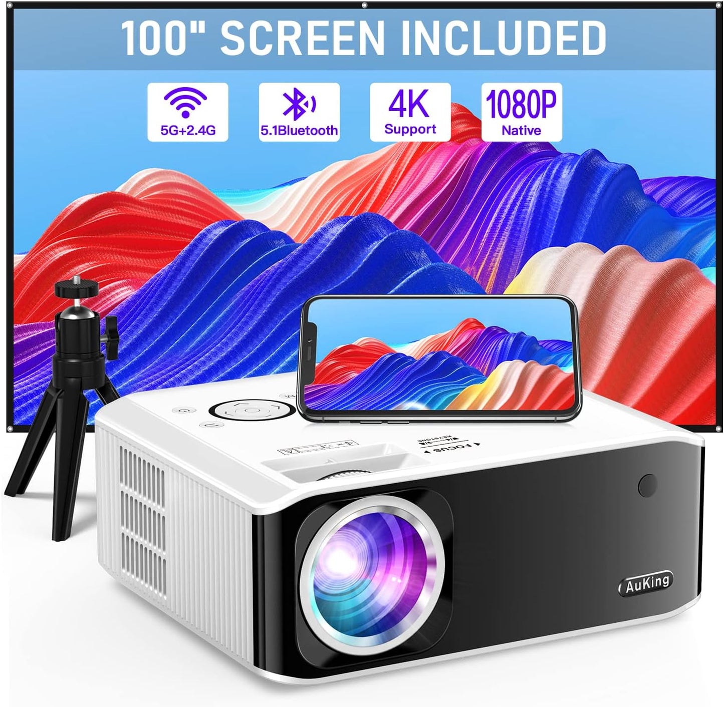 AuKing Projector, 2025 Upgraded Electric-keystone Projector, Full HD 1080P Home Theater Video Projector, Compatible with HDMI/USB/AV/Smartphone/TV Box/Laptop