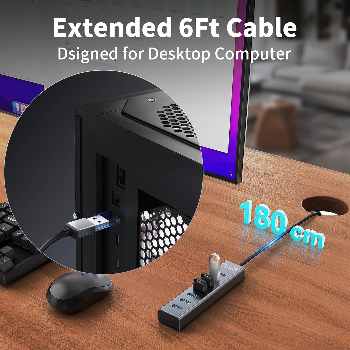 6Ft 7-Port USB 3.0 Hub for Desktop, Aluminium USB Extender Hub 5Gbps, Multiport Adapter, Long Cable for Desktop, PC, Flash Drive, Mobile HDD, Windows/XPS, 1.8m