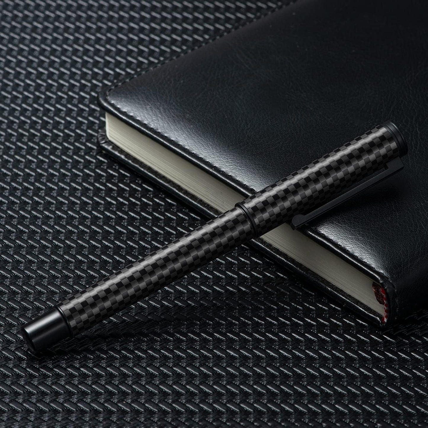 Hongdian Black Carbon Fiber Fountain Pen Extra Fine Nib Elegant Design Smooth Writer with Refillable Converter and Metal Pen Case Set