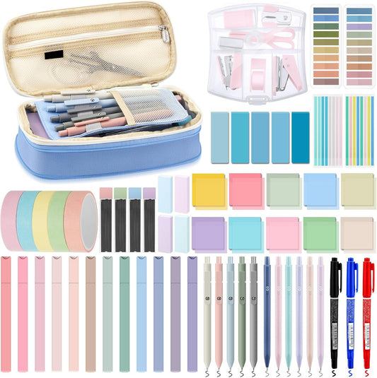 60 Pcs Aesthetic Book Annotation Kit School Supplies Cute Pencil Case with Highlighter Gel Pen Mechanical Pencil Magnetic Bookmarks Transparent Sticky Note Tabs Student Stationary(Light Blue)