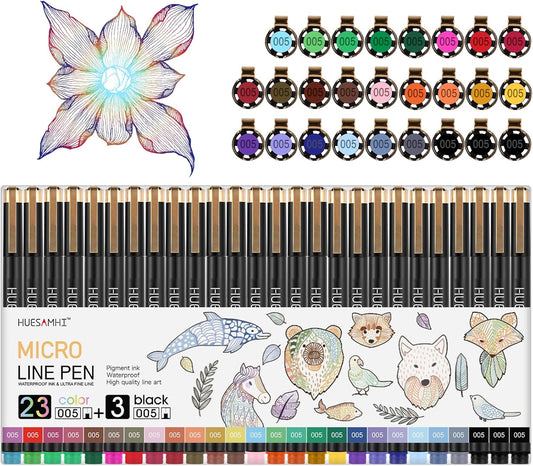 005 Micro Pen 23 Colors and 3 Black 0.20mm Fine Tip Waterproof Ink FineLiner Pens for Art Illustration Sketching, Anime Bullet Journal and Technical Drawing