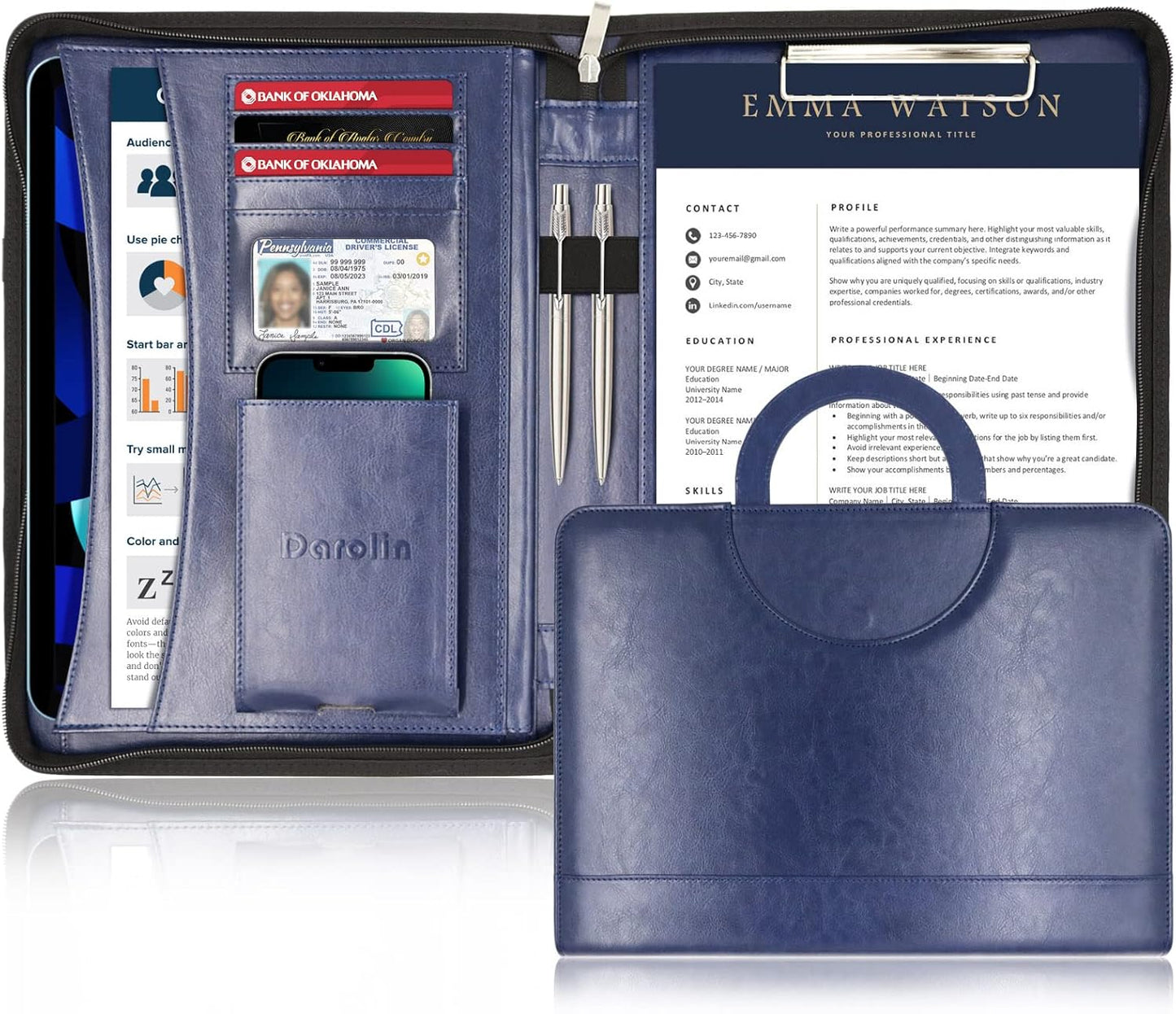 Darolin Zippered Leather Padfolio Portfolio with [Hidden Handle] and [Clipboard], Business Conference Organizer Notepad Folder, Portfolio Bag for Women/Men (Blue)