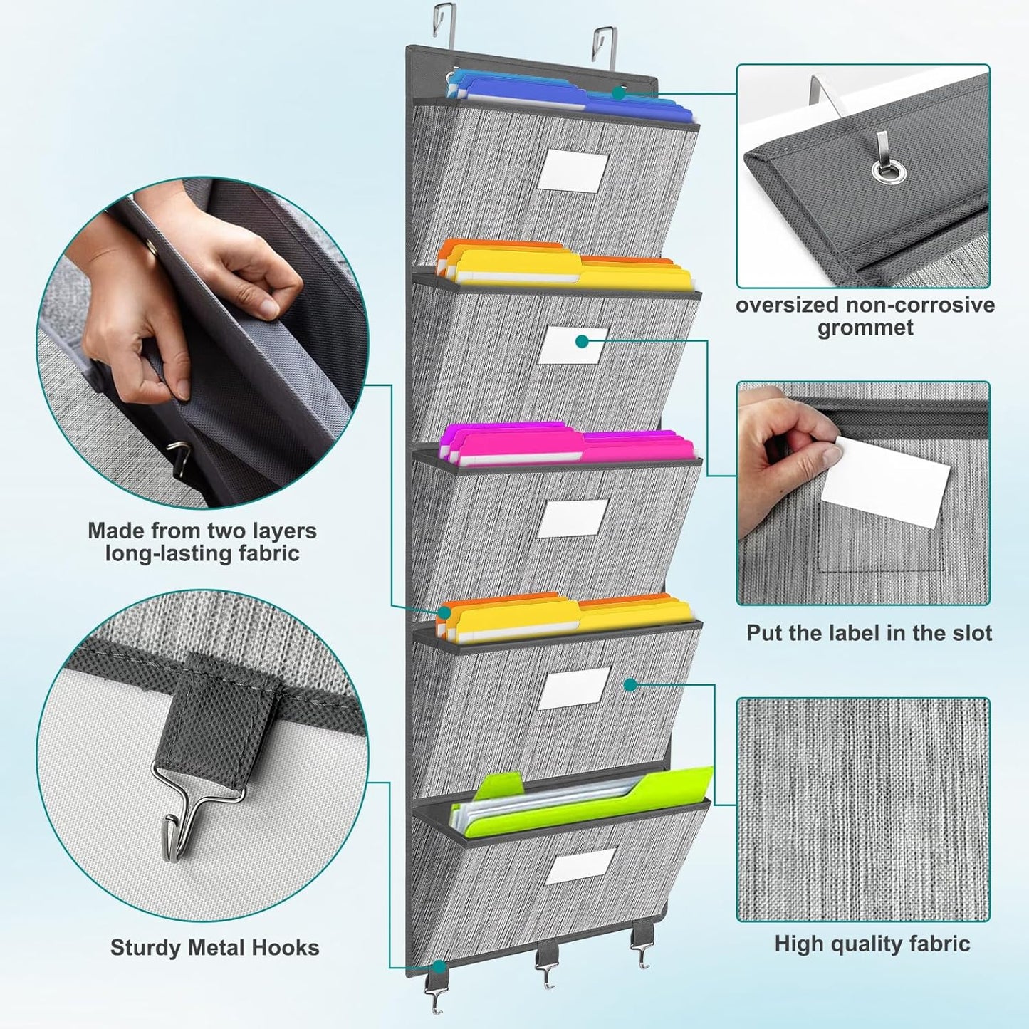 homyfort Over the Door File Organizer, Hanging File Folders, Wall Organizers and Storage for Mail, Magazine, Notebooks, Planners, Office, Classroom, 5 Extra Large Pockets, 50.39” Tall (Grey)