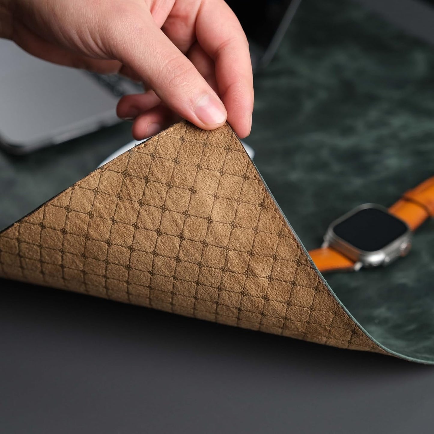 Jersey Genuine Calfskin Leather Desk Pad, Office Desk Mat with Non-Slip Bottom, Smooth Surface for Mouse & Keyboard, Desk Protector (14.6x31.5 inches) (Dark Green)