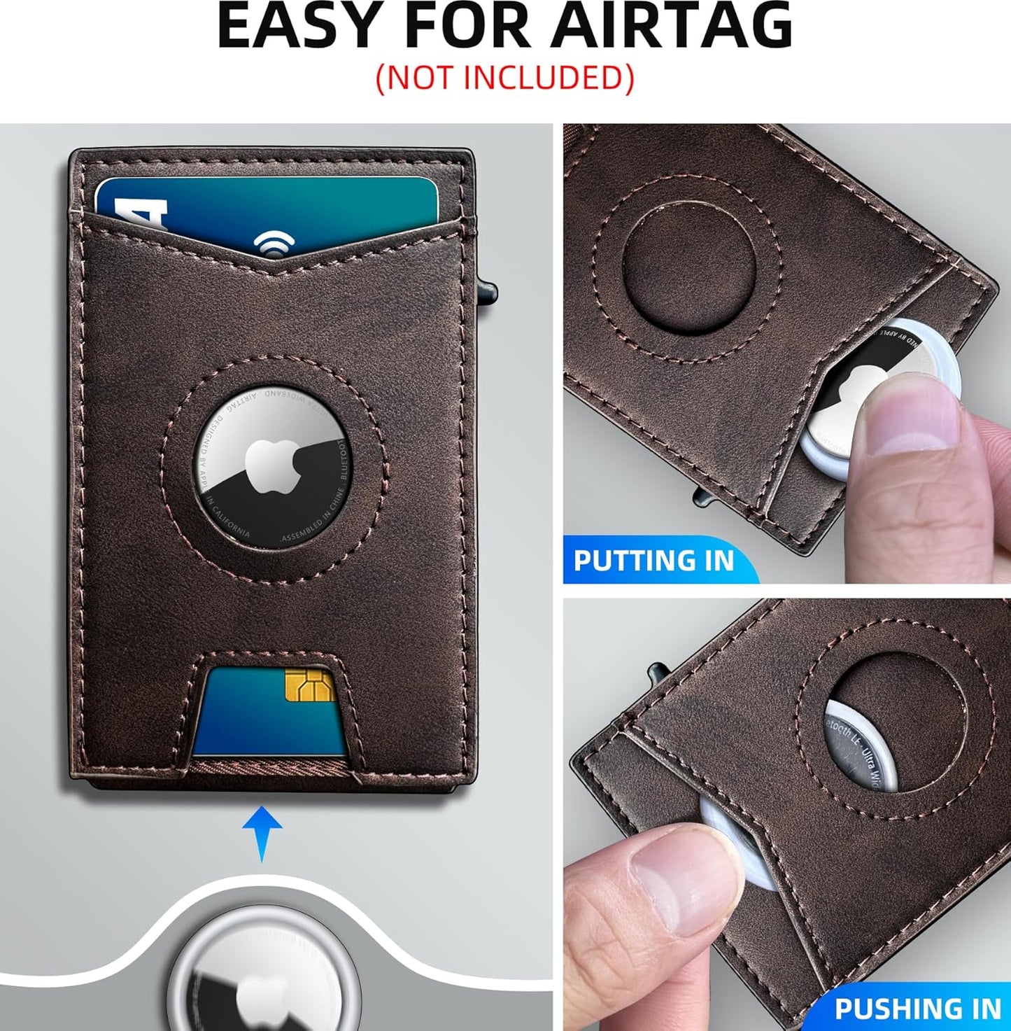 Airtag Wallet for Men,with Money Clip Gift Boxed,Slim Front Pocket Wallet RFID Blocking Metal Case Smart Pop-up Credit Card Holder in Magnetic Leather Flip