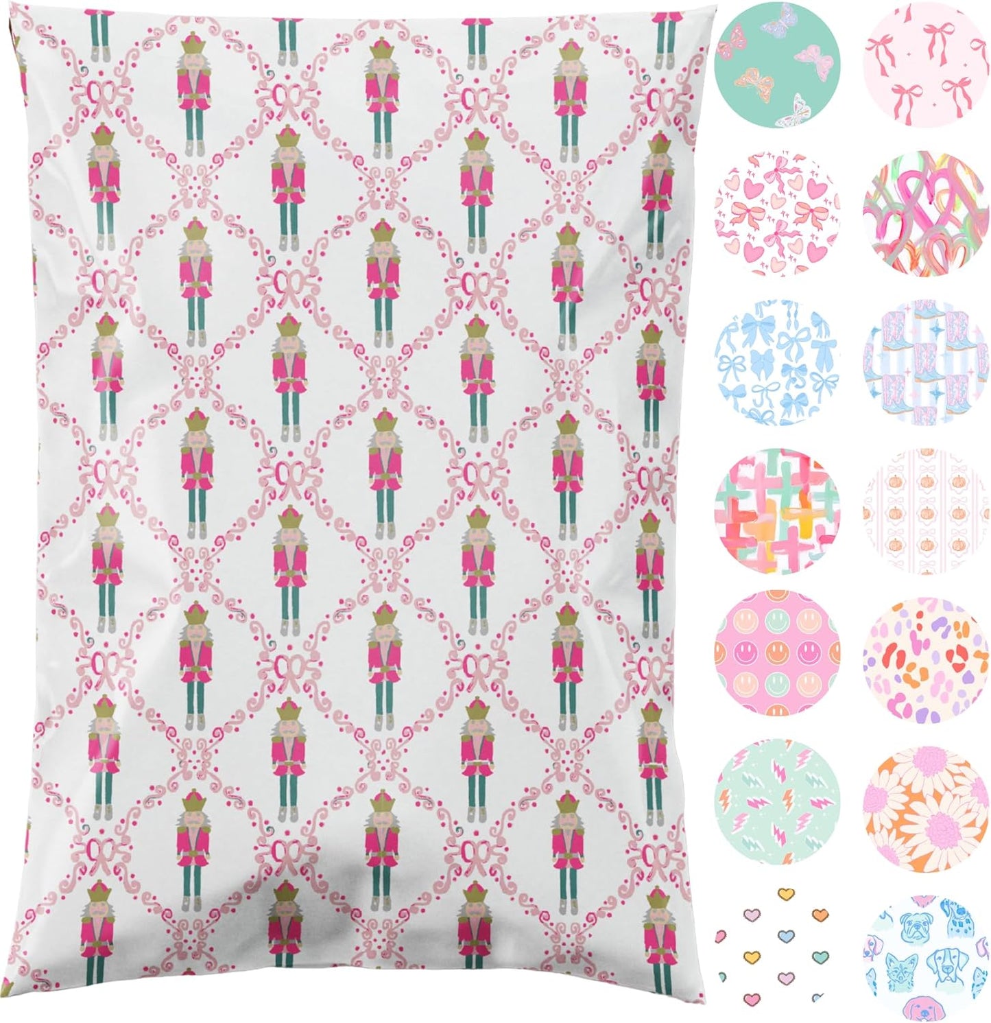 6x9 Designer Poly Mailer 100 Pack Heavy Duty Waterproof Self Seal Shipping Bags for Small Business Large Mailing Envelopes Bulk Tear Resistant Packaging Pink Nutcracker Christmas Holiday